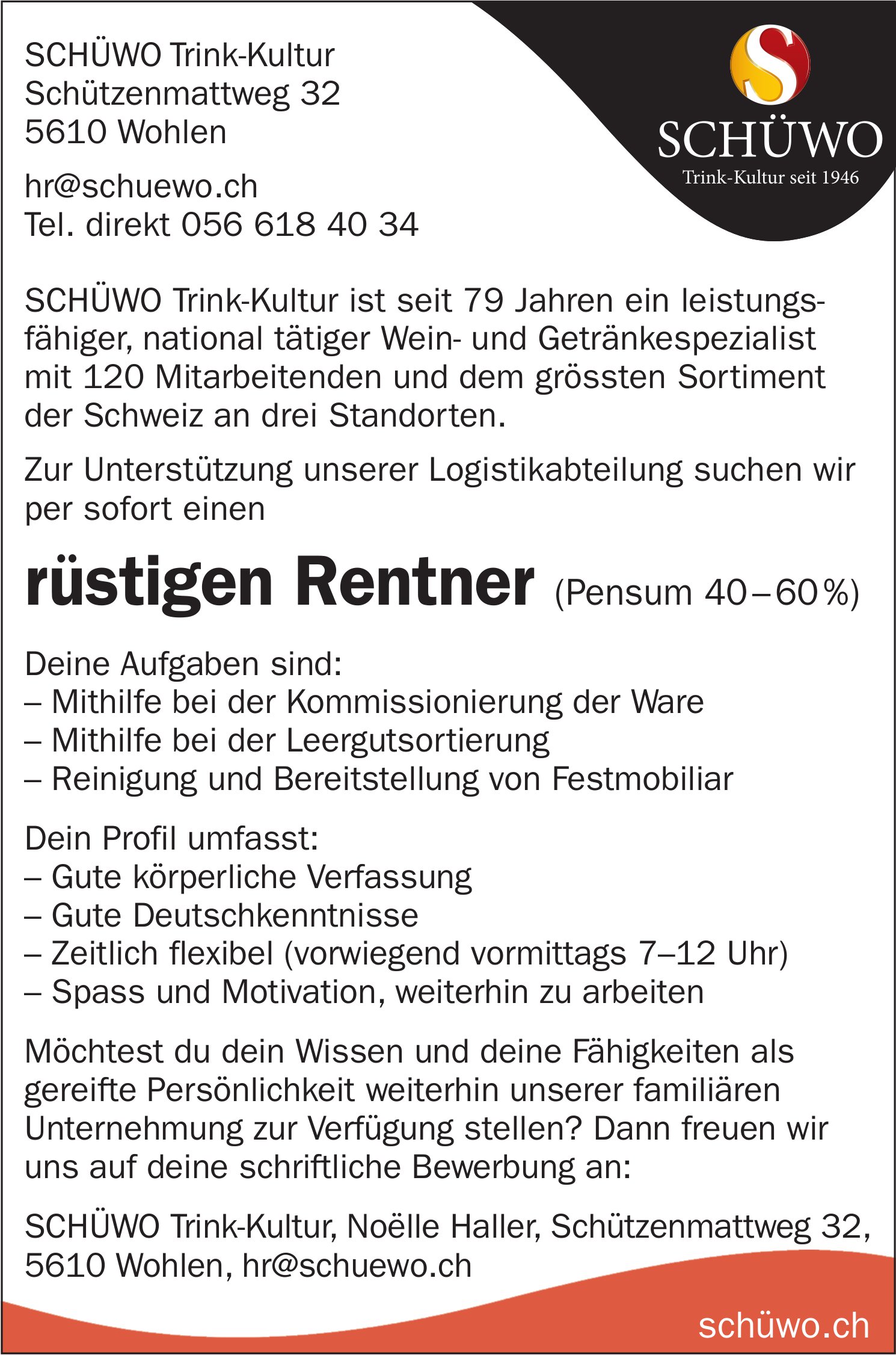 Rentner (Pensum 40-60%), SCHÜWO Trink-Kultur, Wohlen, gesucht