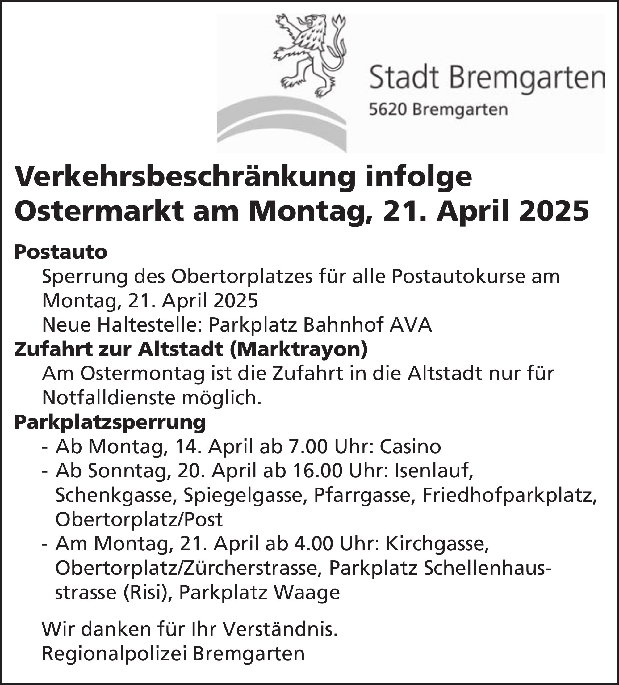 Bremgarten - Verkehrsbeschränkung infolge Ostermarkt, 21. April