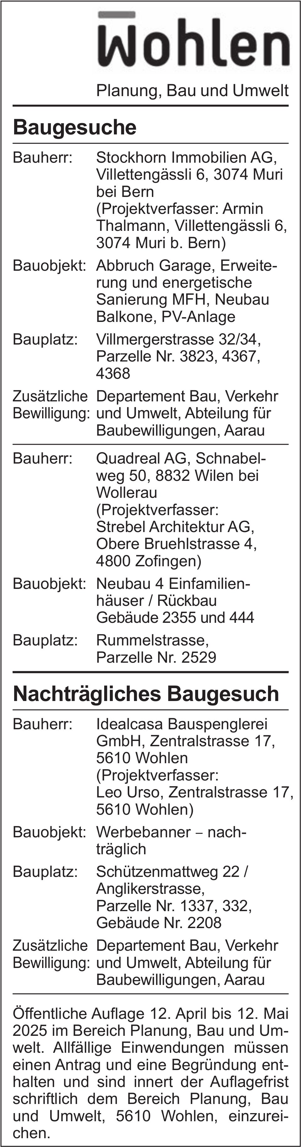 Baugesuche, Wohlen - Stockhorn Immobilien AG