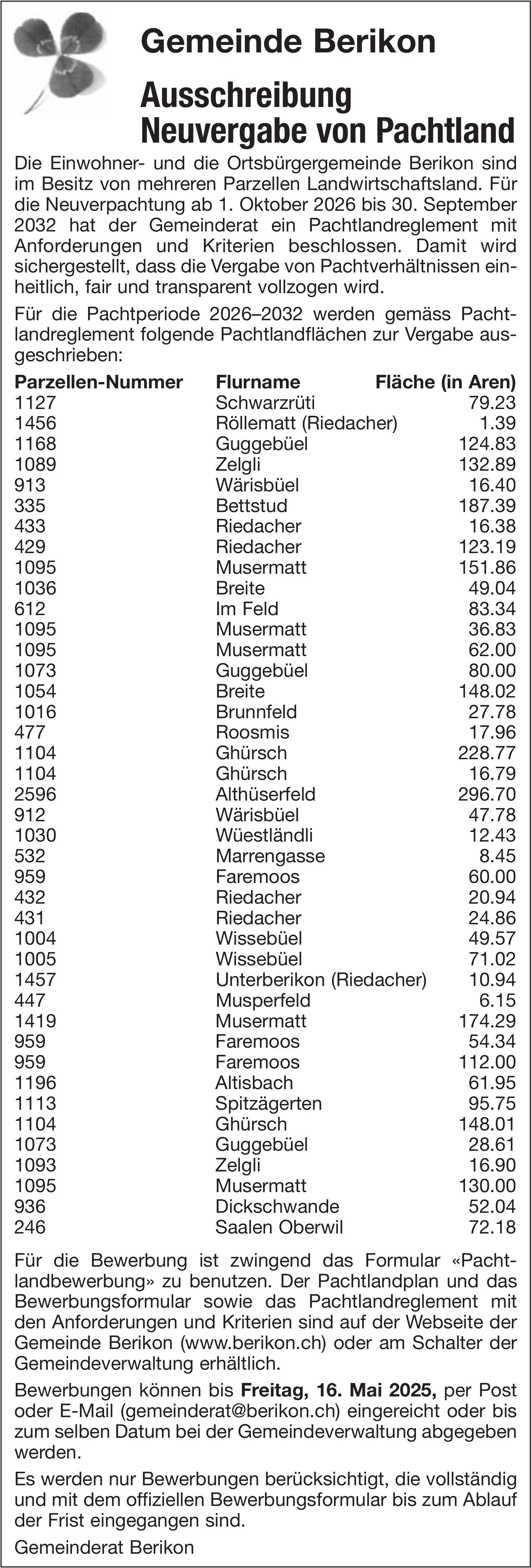 Berikon - Ausschreibung Neuvergabe von Pachtland