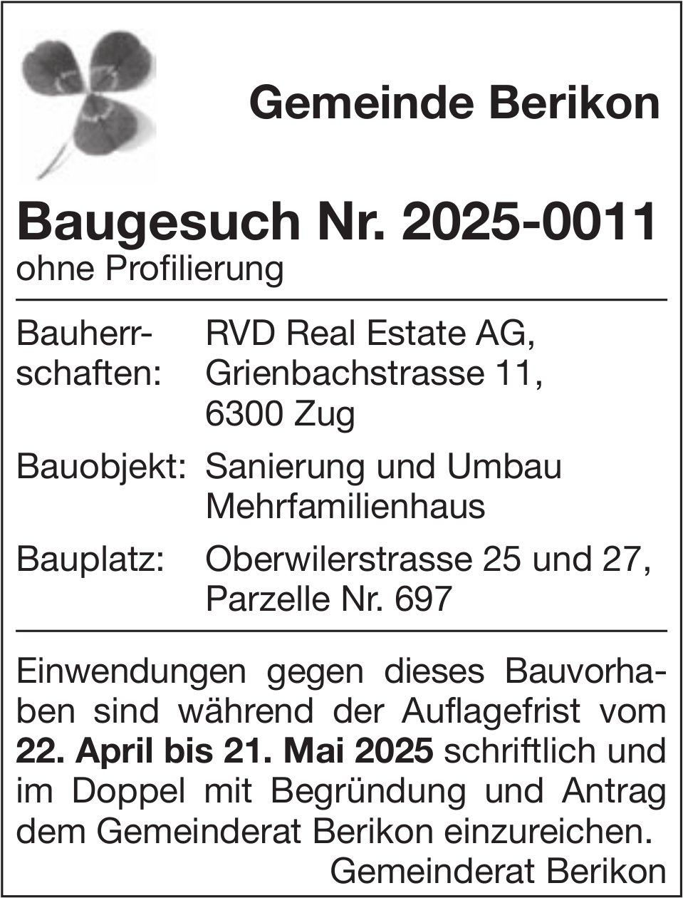 Baugesuche, Berikon - RVD Real Estate AG