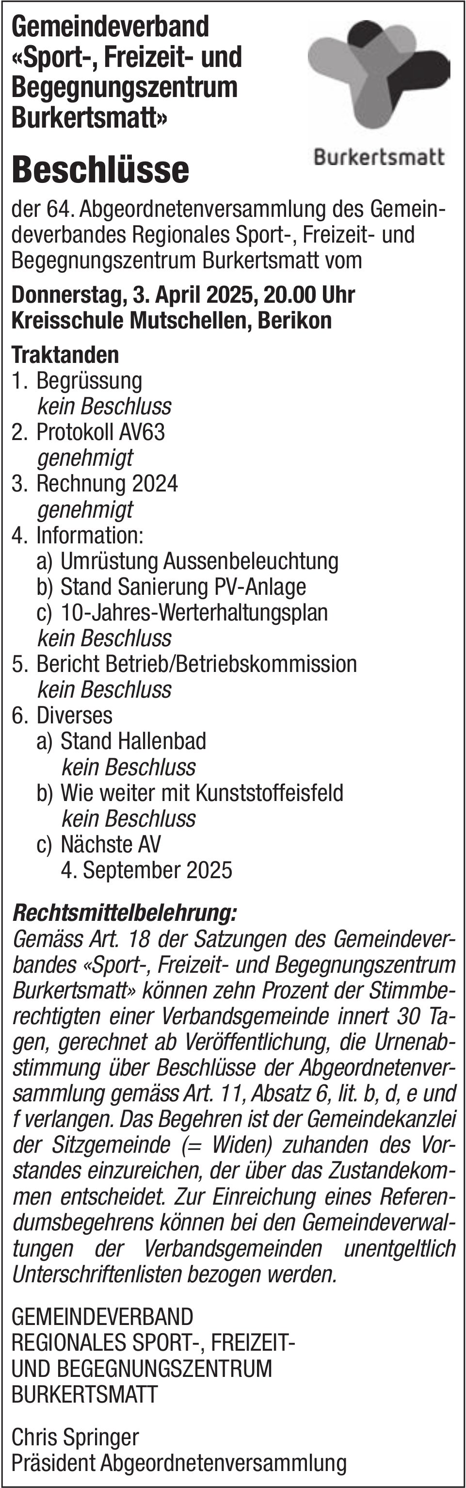 Berikon - Beschlüsse Gemeindeverband Sport-, Freizeit- und Begegnungszentrum Burkertsmatt