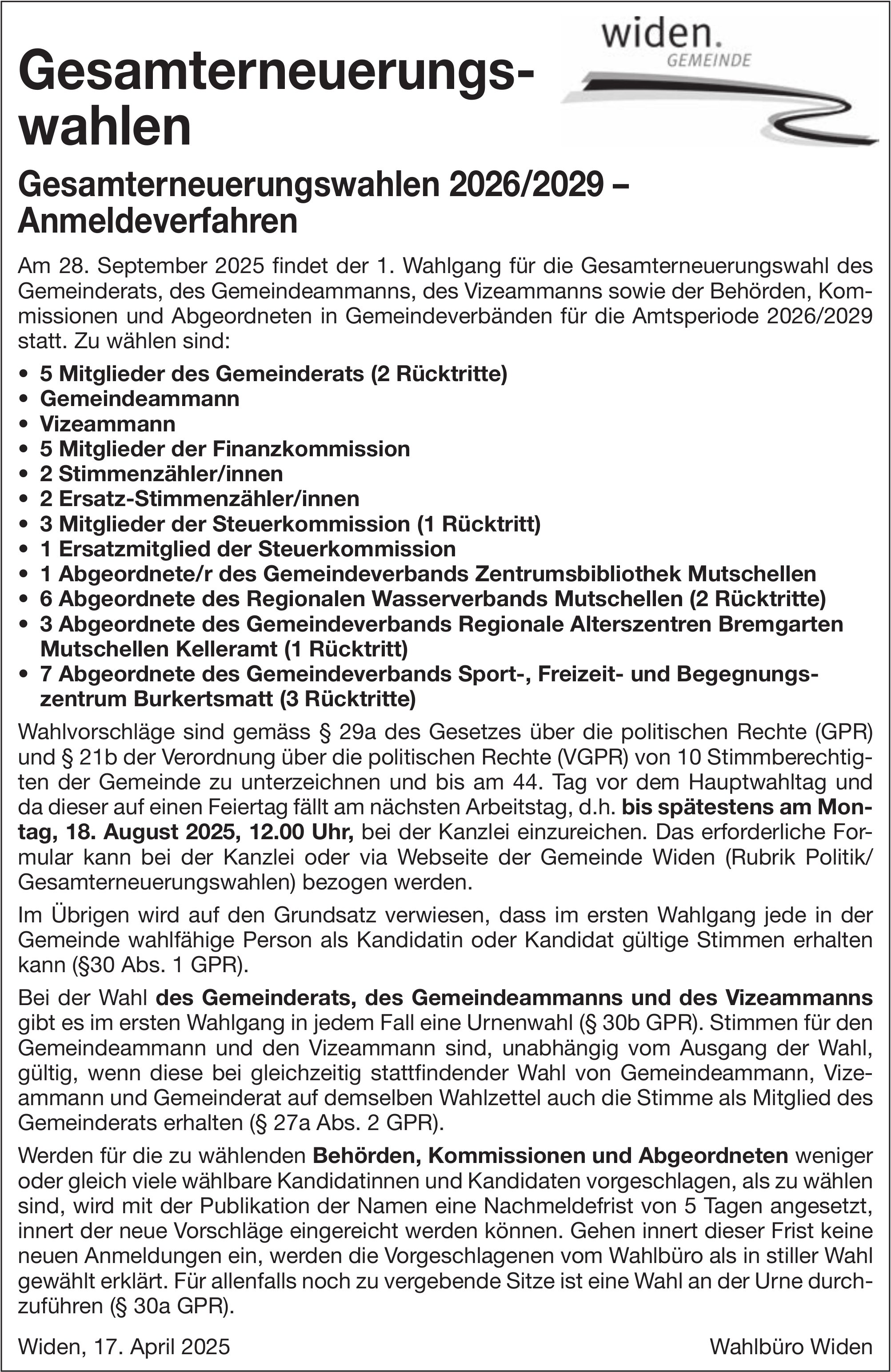 Widen - Gesamterneuerungswahlen
