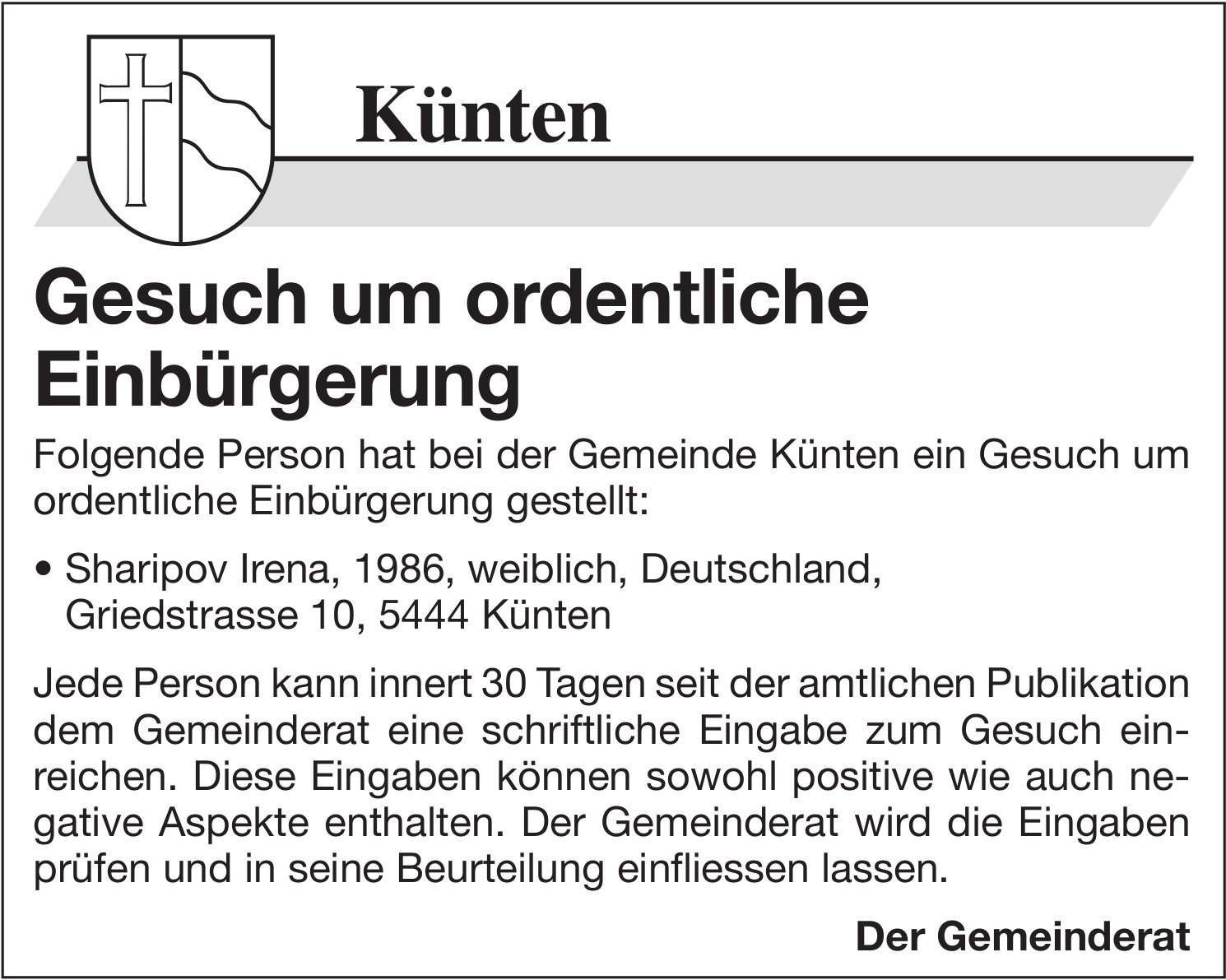 Künten - Gesuch um ordentliche Einbürgerung