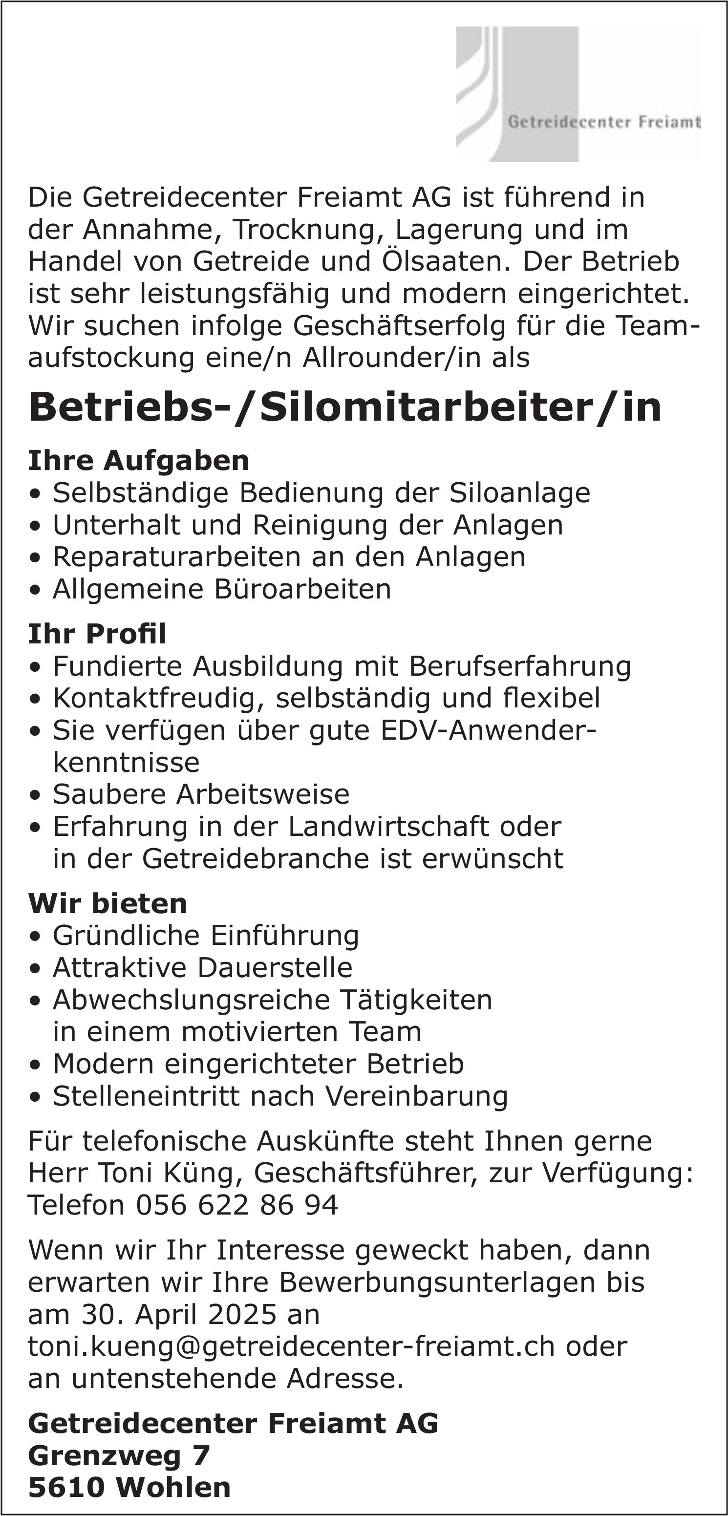 Betriebs-/Silomitarbeiter/in, Getreidecenter Freiamt AG, Wohlen, gesucht