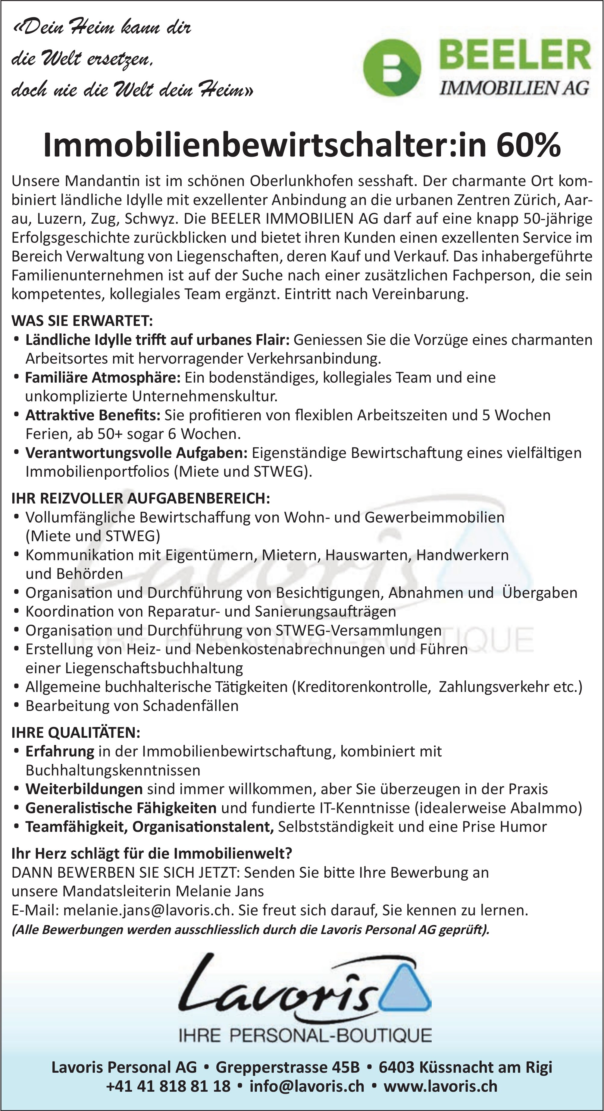 Immobilienbewirtschalter:in 60%, Beeler Immobilien AG, Küssnacht am Rigi, gesucht