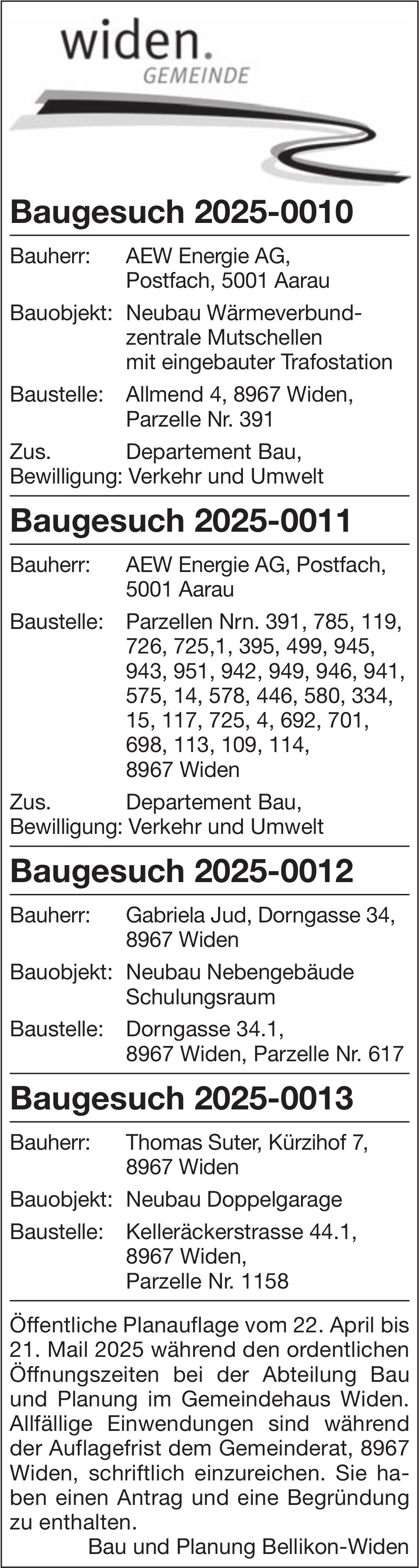 Baugesuche, Widen - AEW Energie AG