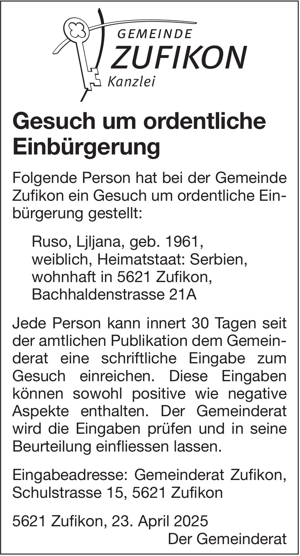 Gemeinde Zufikon Kanzlei, Gesuch um ordentliche Einbürgerung