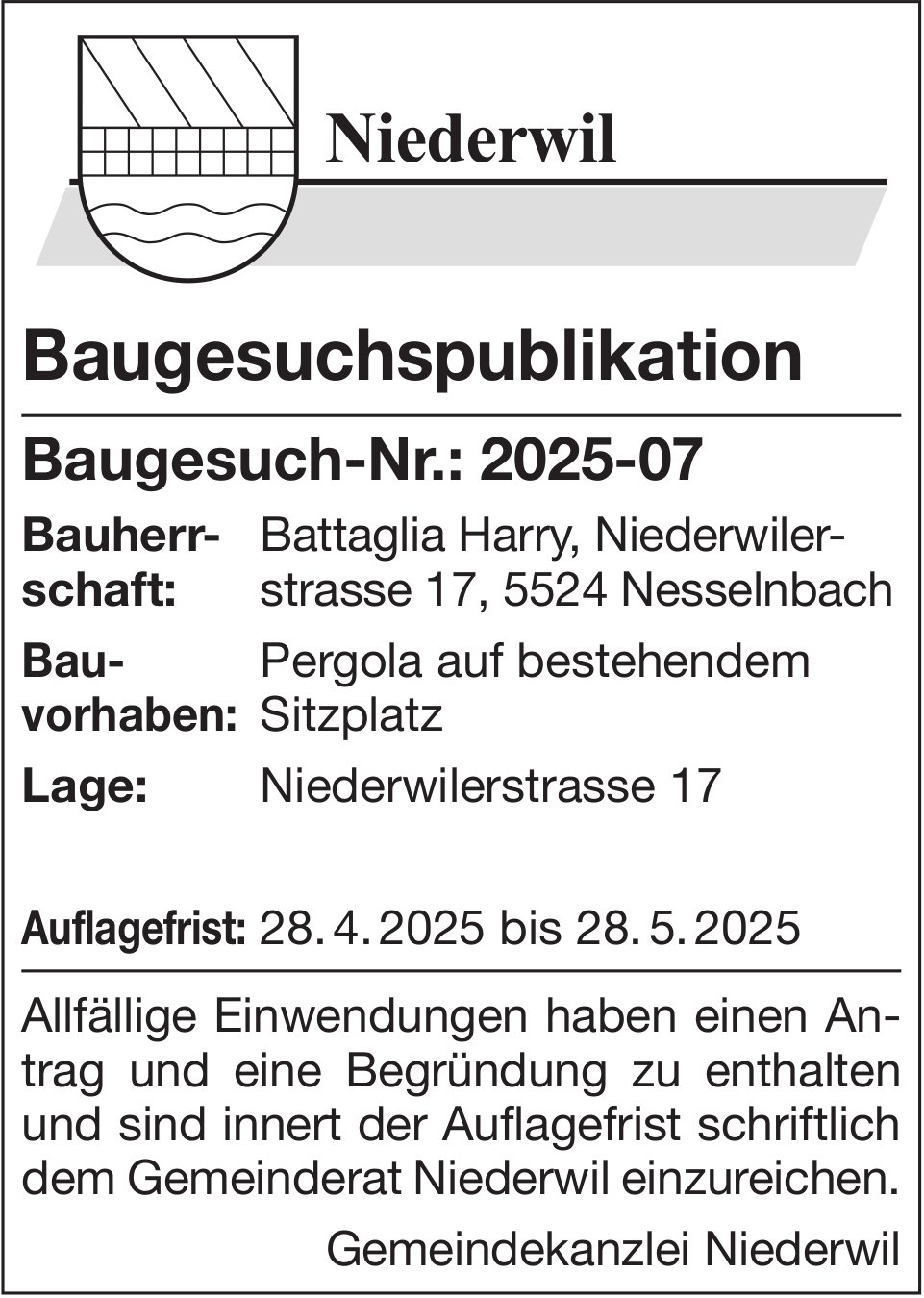 Baugesuche, Niederwil - Battaglia Harry