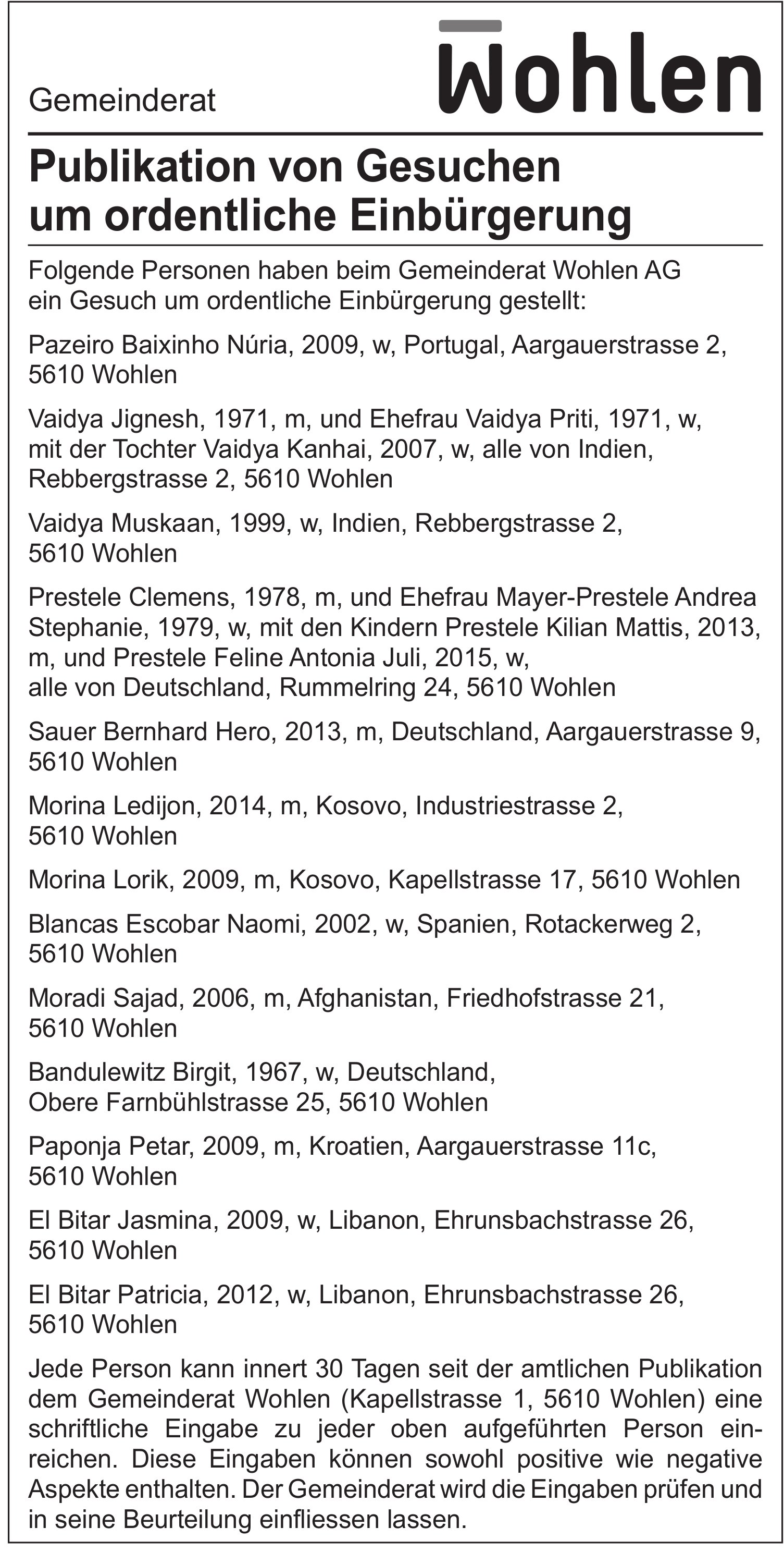 Wohlen, Publikation von Gesuchen um ordentliche Einbürgerung