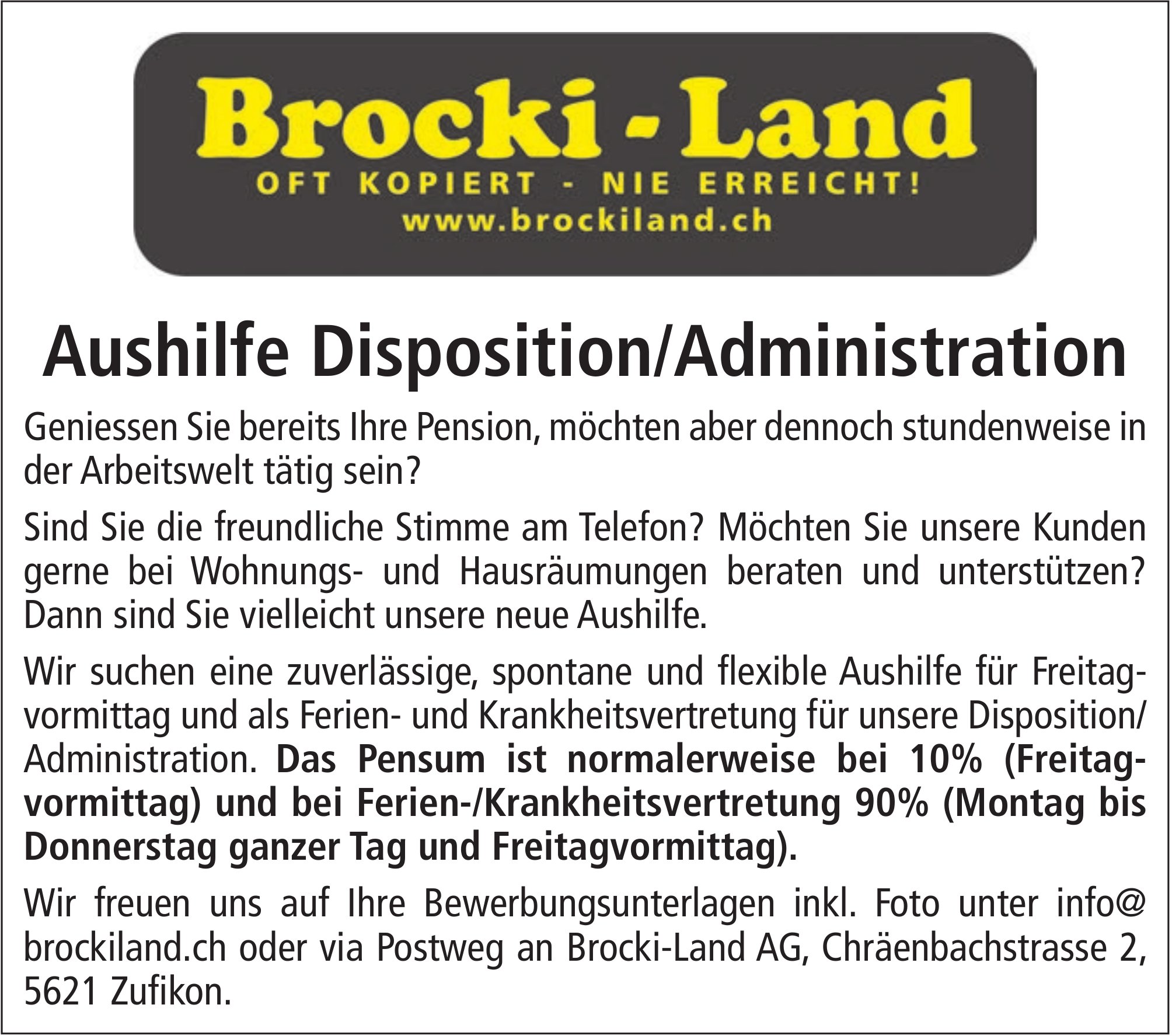 Aushilfe Disposition/Administration, Brockiland, Zufikon, gesucht