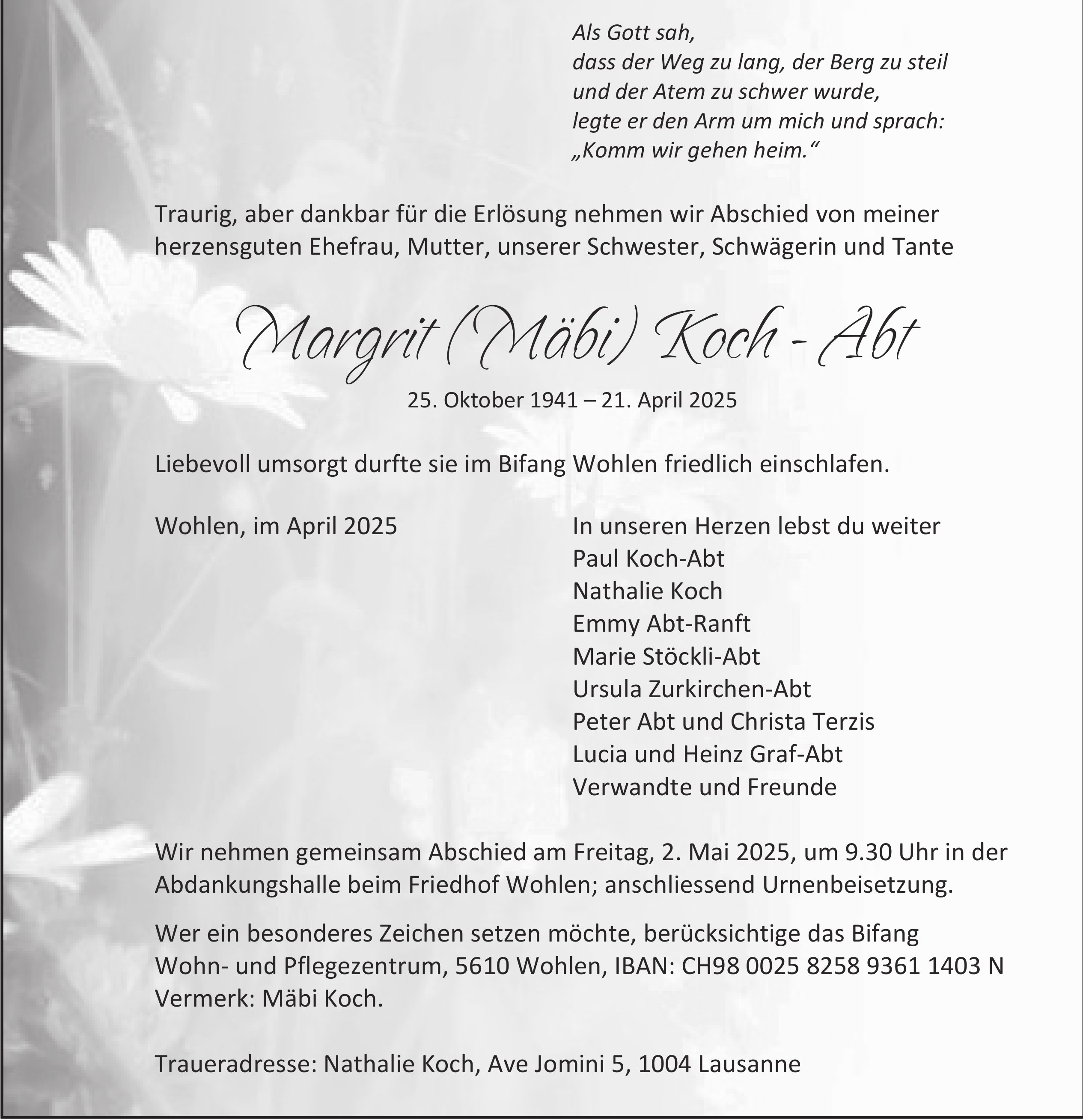 Margrit ( Mäbi) Koch - Abt, April 2025 / TA