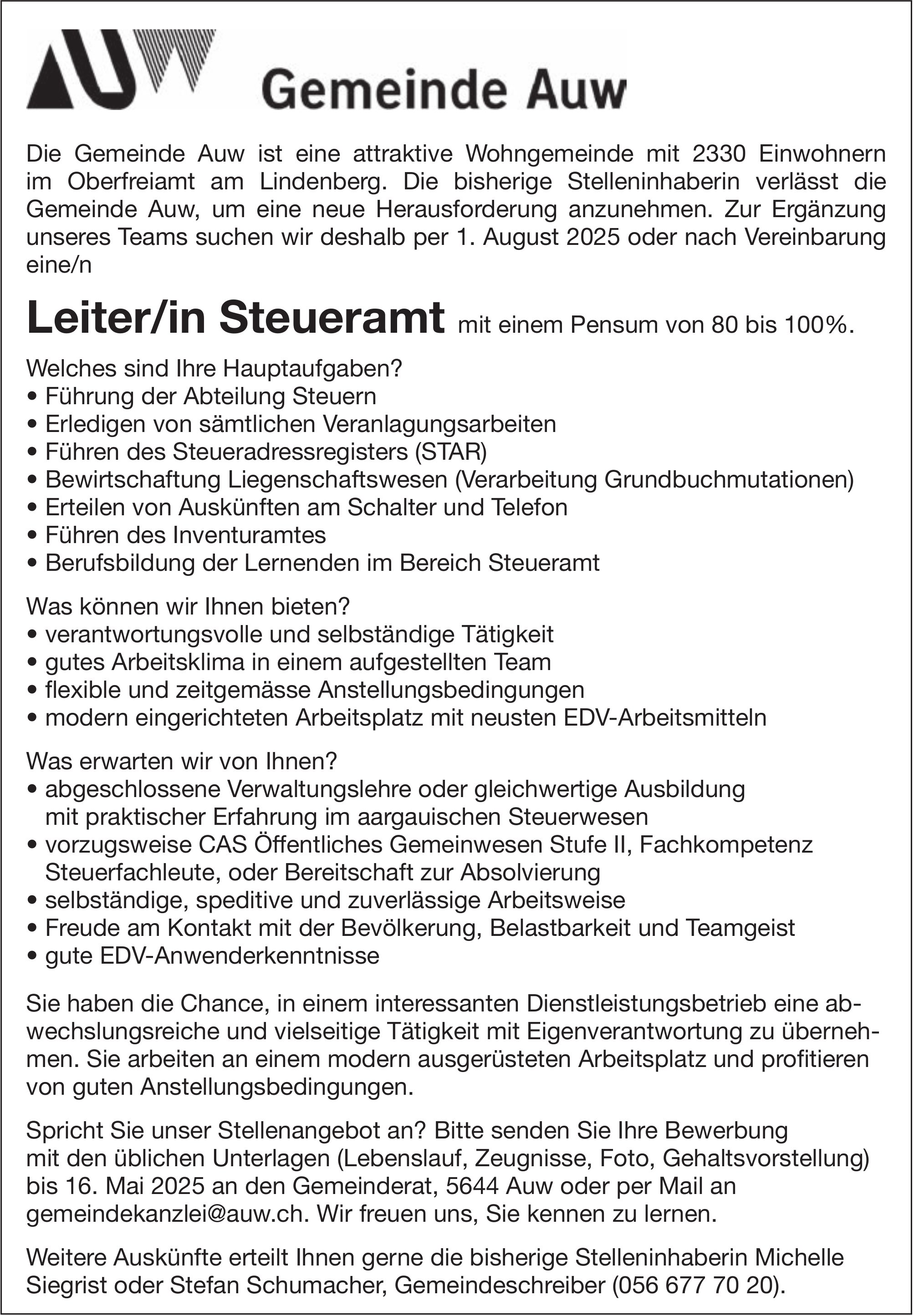 Leiter/in Steueramt mit einem Pensum von 80 bis 100%., Gemeinde Auw, gesucht