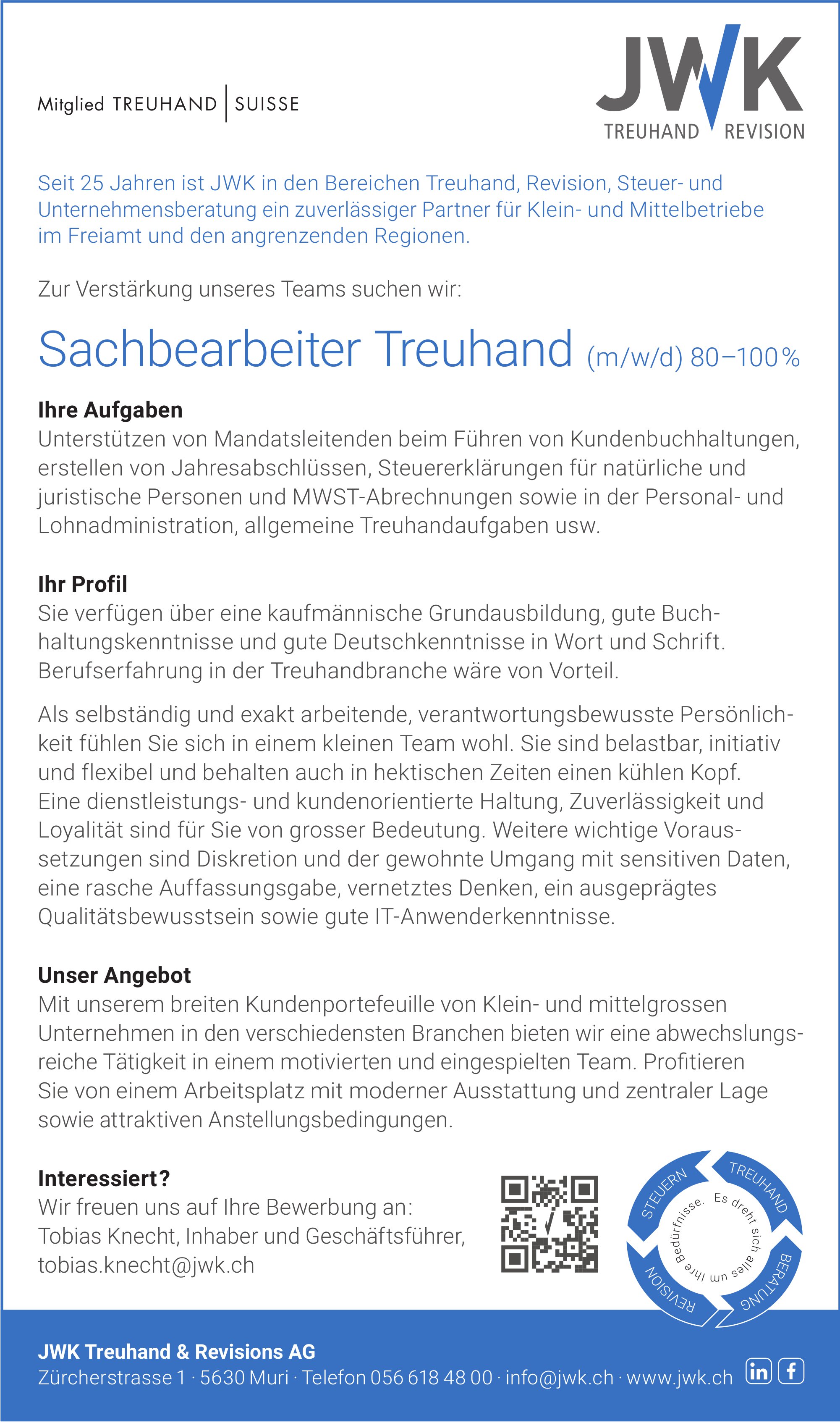 Sachbearbeiter Treuhand ( m/w/d ) 80–100 %, JWK Treuhand & Revisions AG, Muri, gesucht