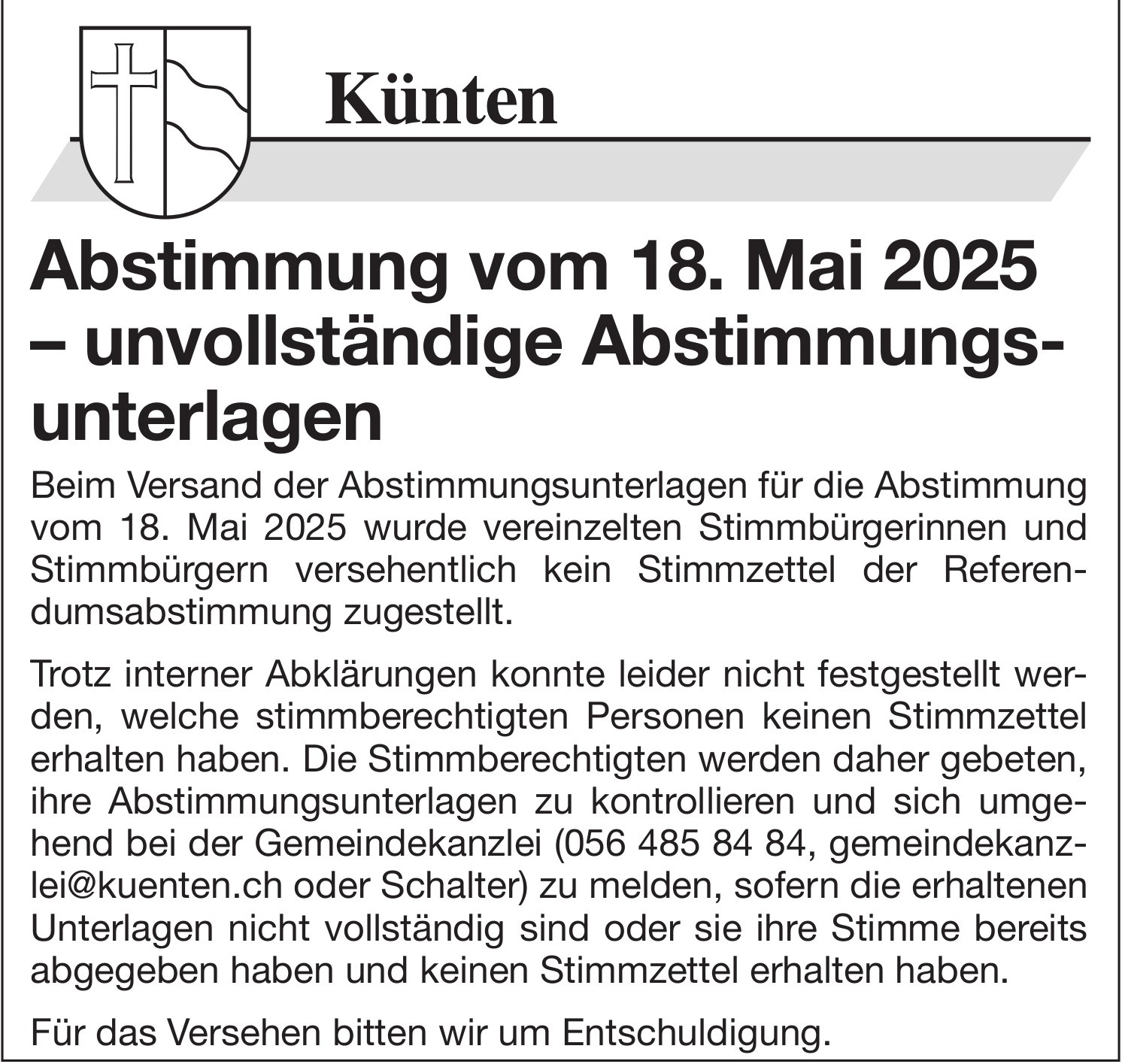 Künten, Abstimmung vom 18. Mai 2025–unvollständige Abstimmungsunterlagen