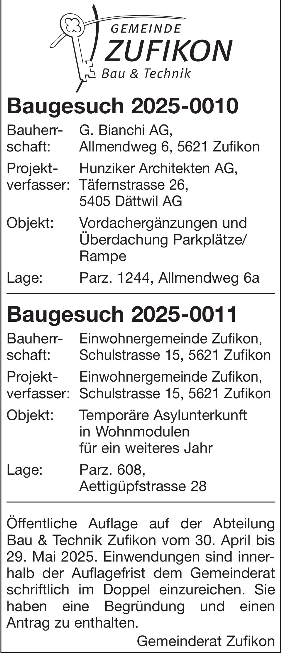 Baugesuche, Gemeinde Zufikon, Baugesuch 2025-0010