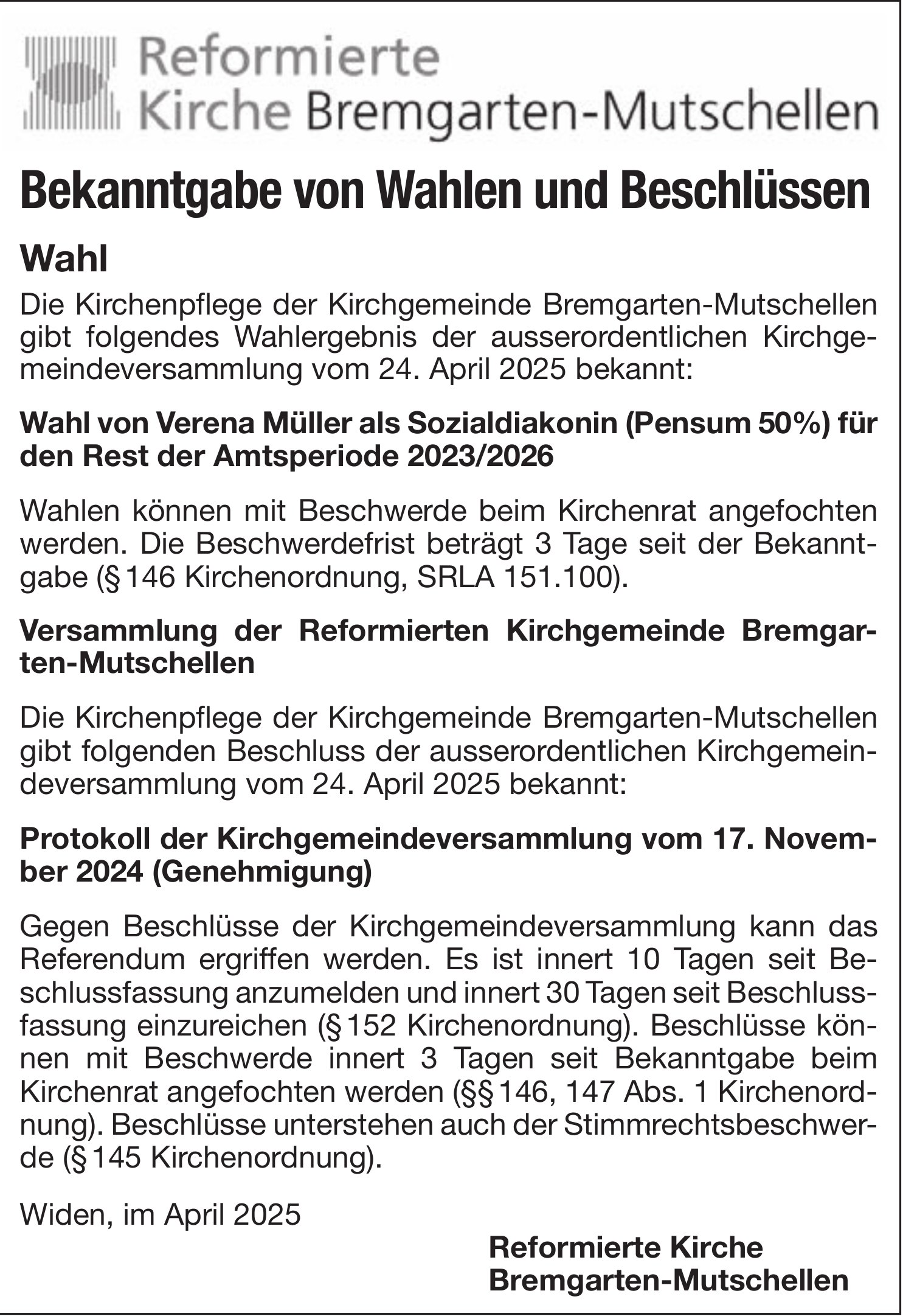 Reformierte Kirche Bremgarten-Mutschellen, Bekanntgabe von Wahlen und Beschlüssen