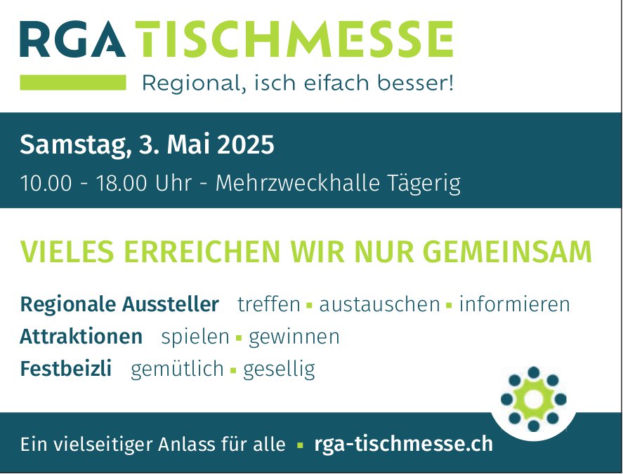 RGA Tischmesse, 3. Mai, Mehrzweckhalle, Tägerig