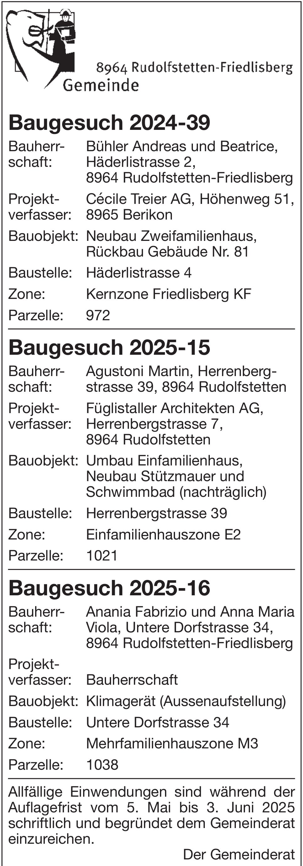 Baugesuche, Gemeinde Rudolfstetten-Friedlisberg