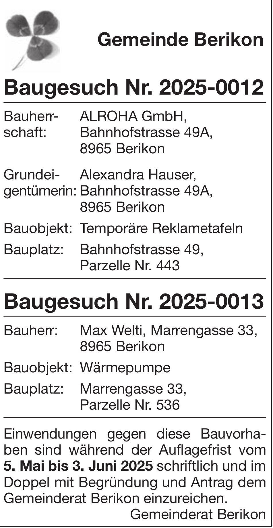 Baugesuche, Gemeinde Berikon, Baugesuch Nr. 2025-0012 Baugesuch Nr. 2025-0013