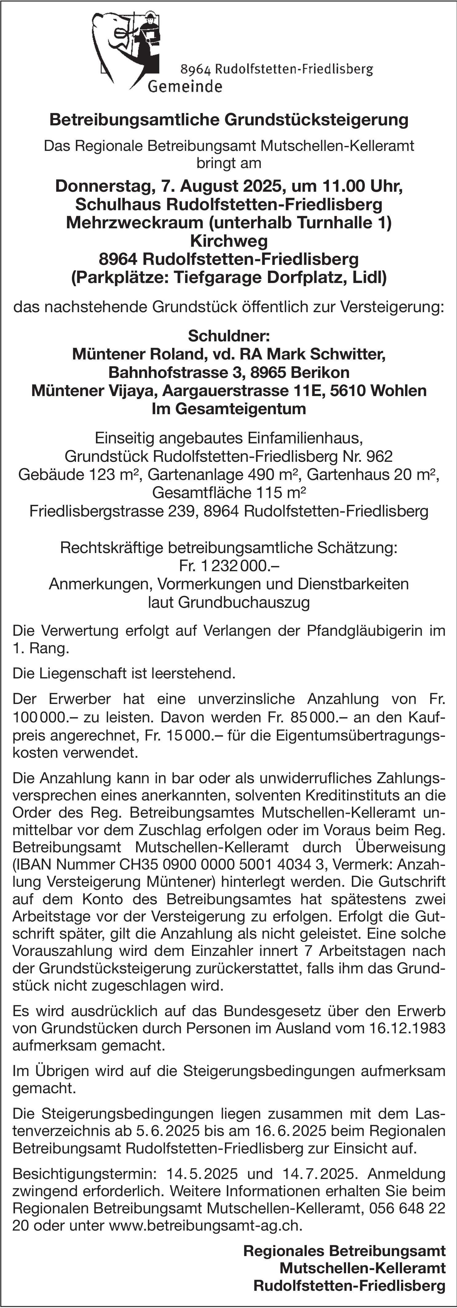 Gemeinde Rudolfstetten-Friedlisberg, Betreibungsamtliche Grundstücksteigerung