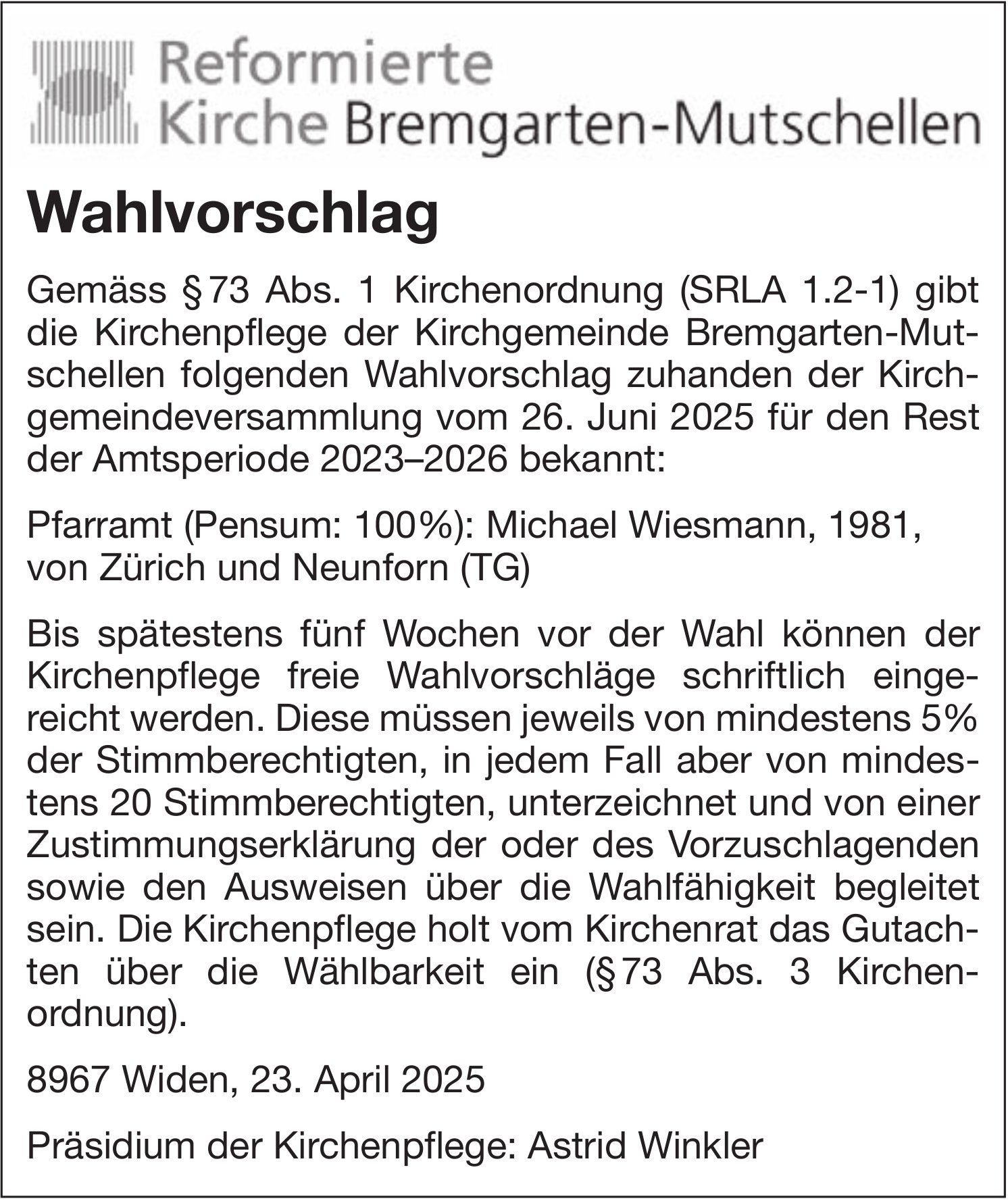 Widen - Wahlvorschlag