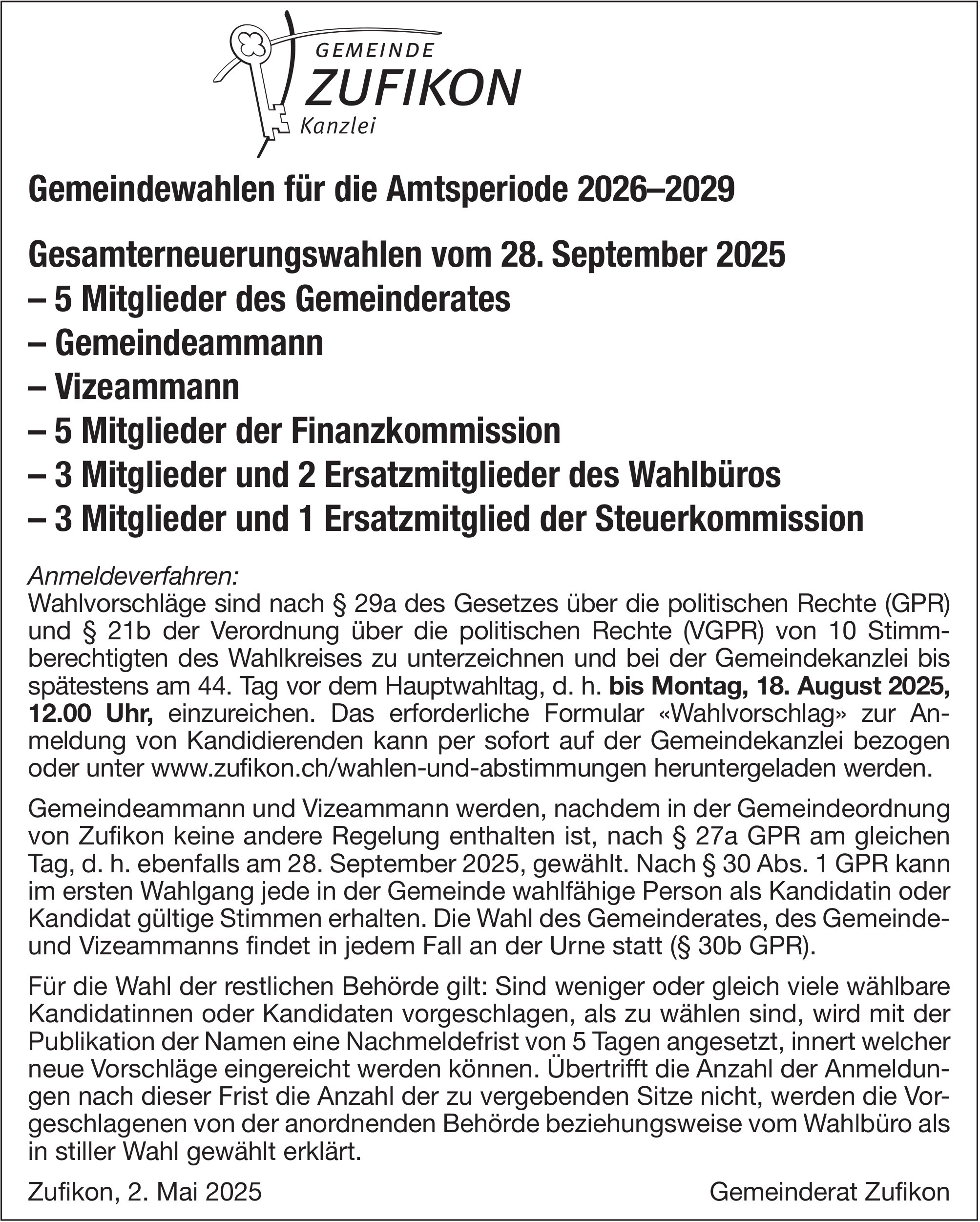 Gemeindekanzlei Zufikon, Gemeindewahlen für die Amtsperiode 2026–2029