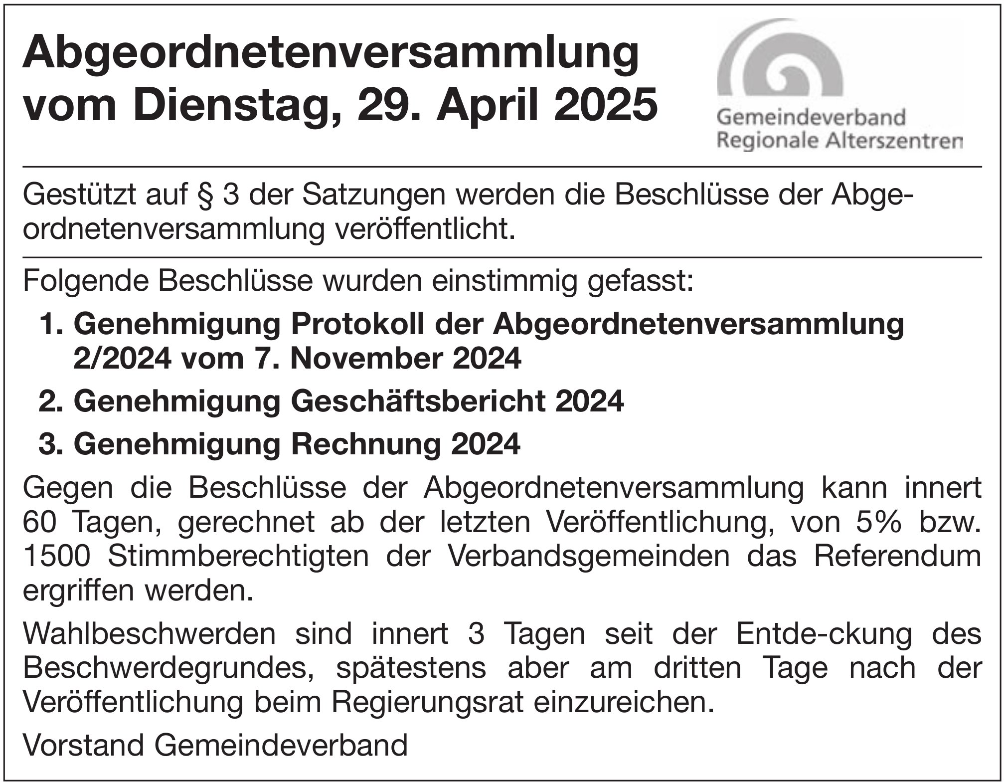 Gemeindeverband Regionale Alterszentren, Abgeordnetenversammlung vom Dienstag, 29. April 2025