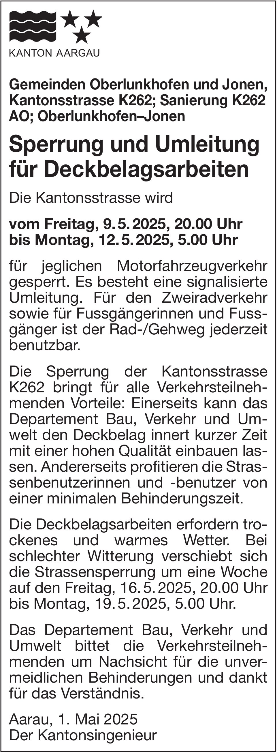 Gemeinden Oberlunkhofen und Jonen, Sperrung und Umleitung für Deckbelagsarbeiten