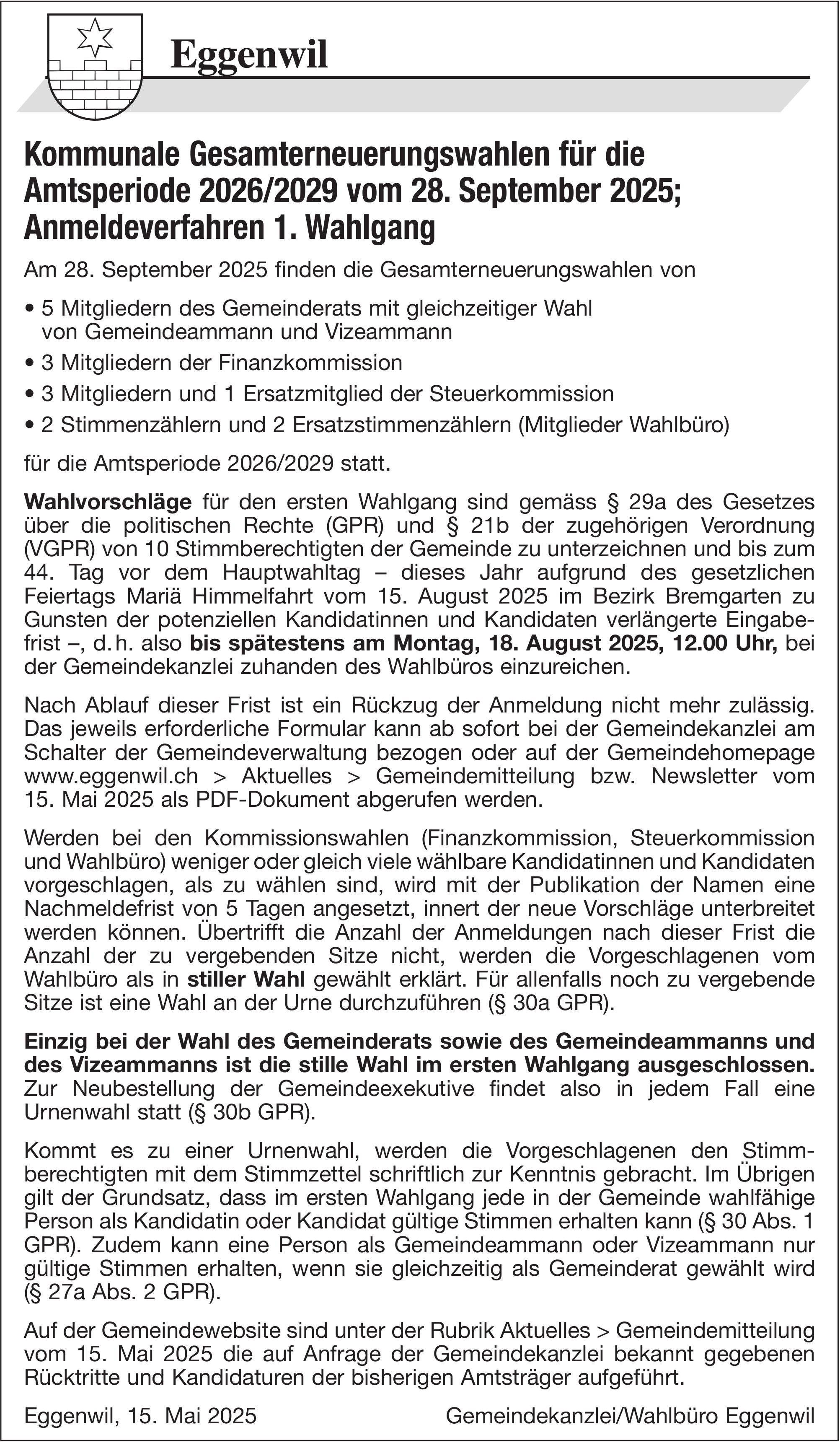 Bremgarten - Gemeindekanzlei/Wahlbüro Eggenwil, Kommunale Gesamterneuerungswahlen, Amtsperiode 2026/2029,  Anmeldeverfahren 1. Wahlgang