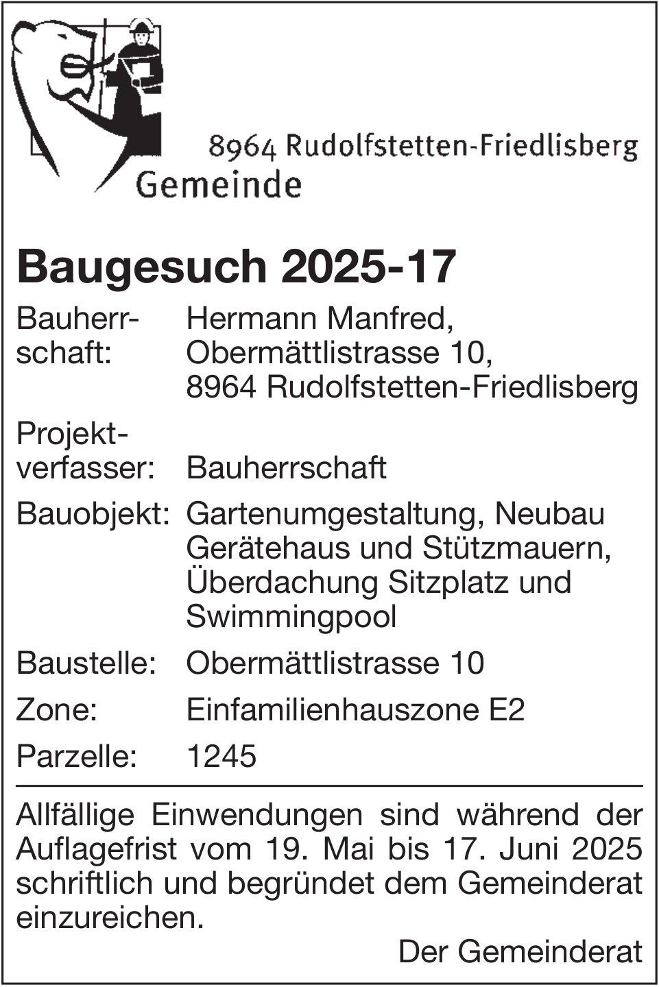 Rudolfstetten-Friedlisberg - Baugesuch 2025-17