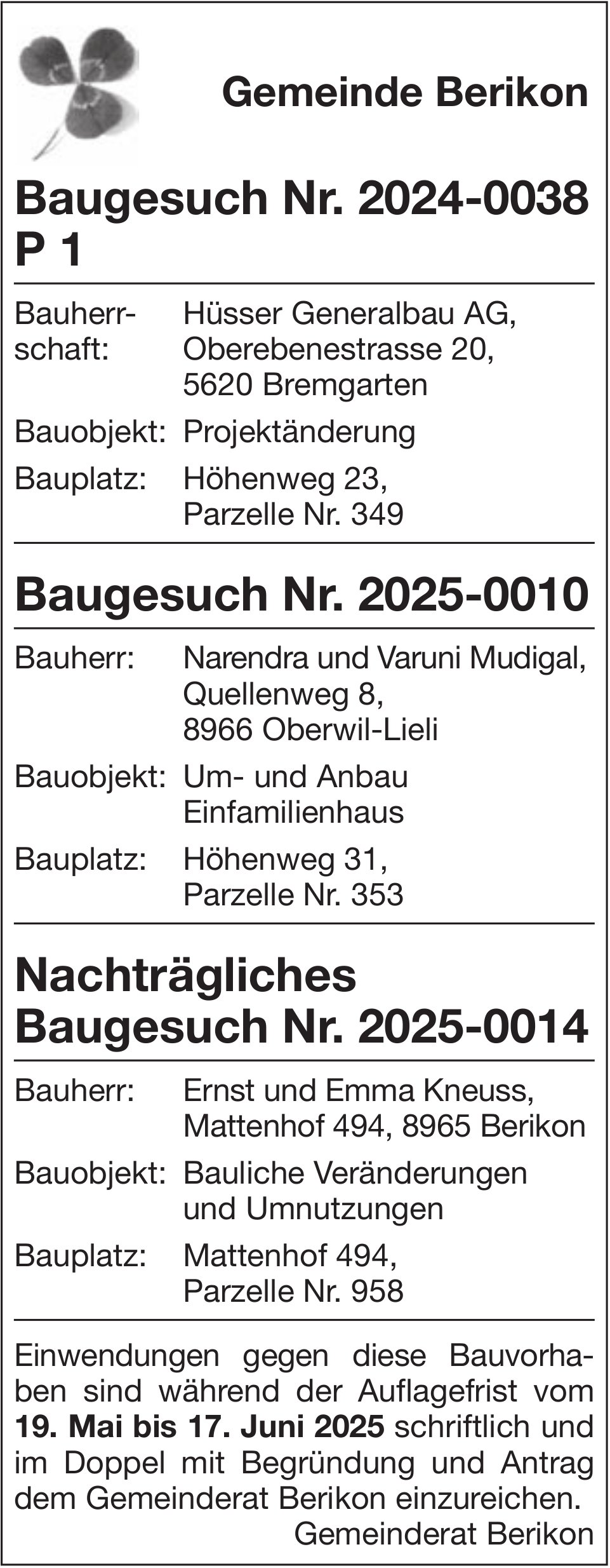 Gemeinde Berikon, Baugesuche