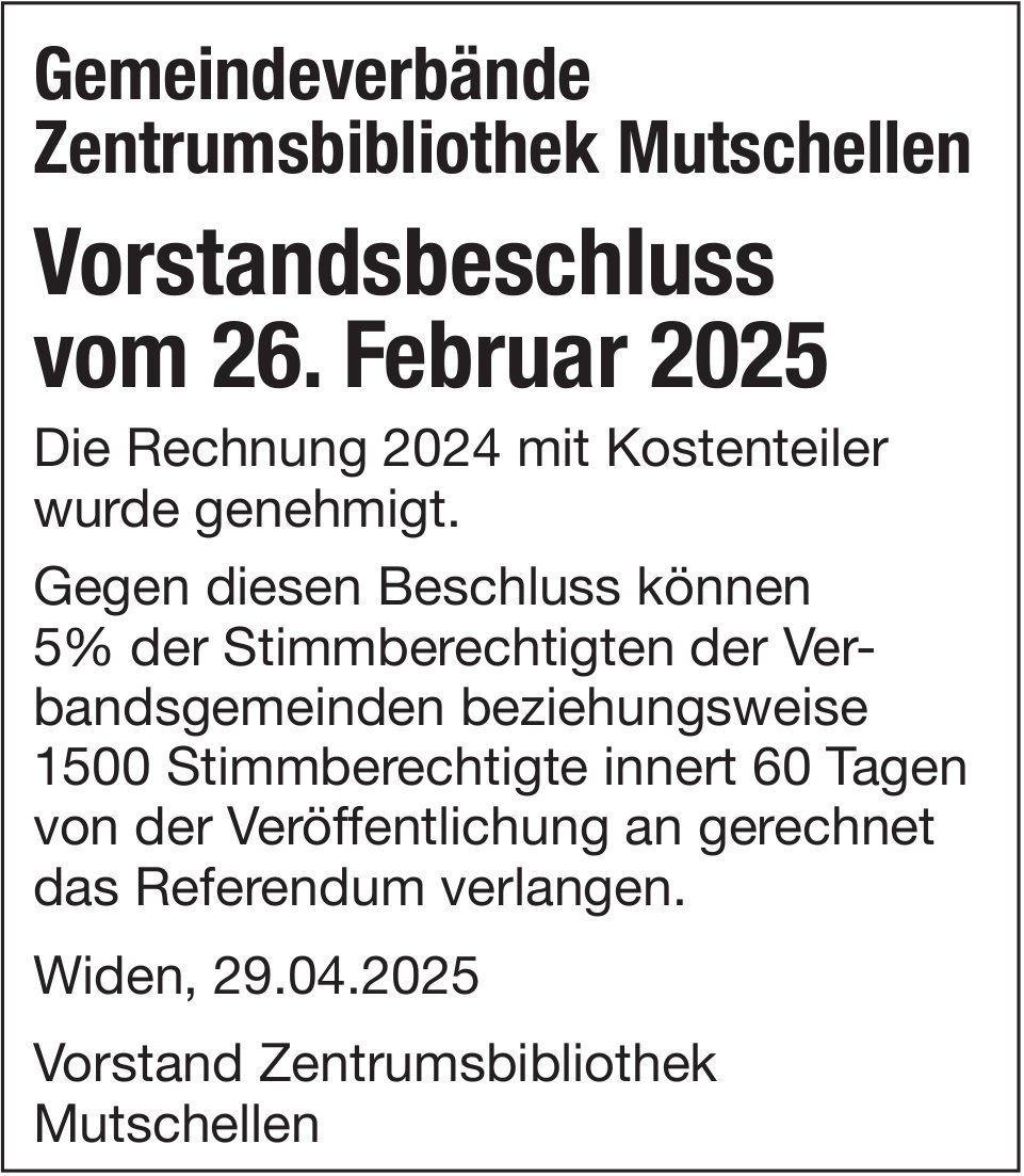 Gemeindeverbände Zentrumsbibliothek Mutschellen, Widen - Vorstandsbeschluss vom 26. Februar 2025