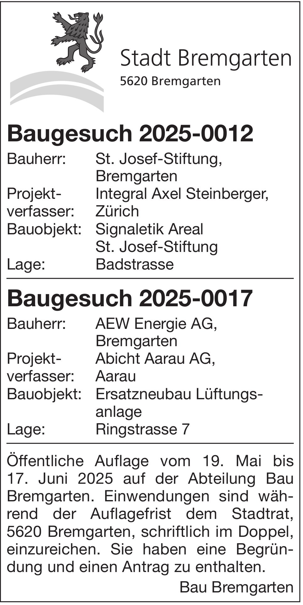 Stadt Bremgarten, Baugesuche 2025-0012 & 2025-0017