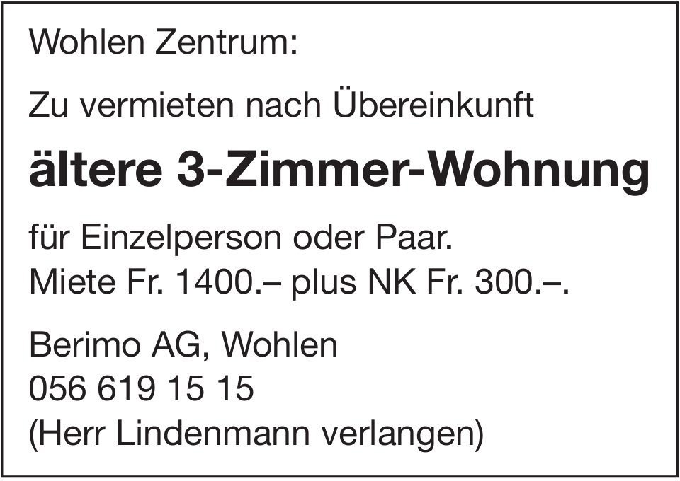 Ältere 3-Zimmer-Wohnung, Wohlen, zu vermieten
