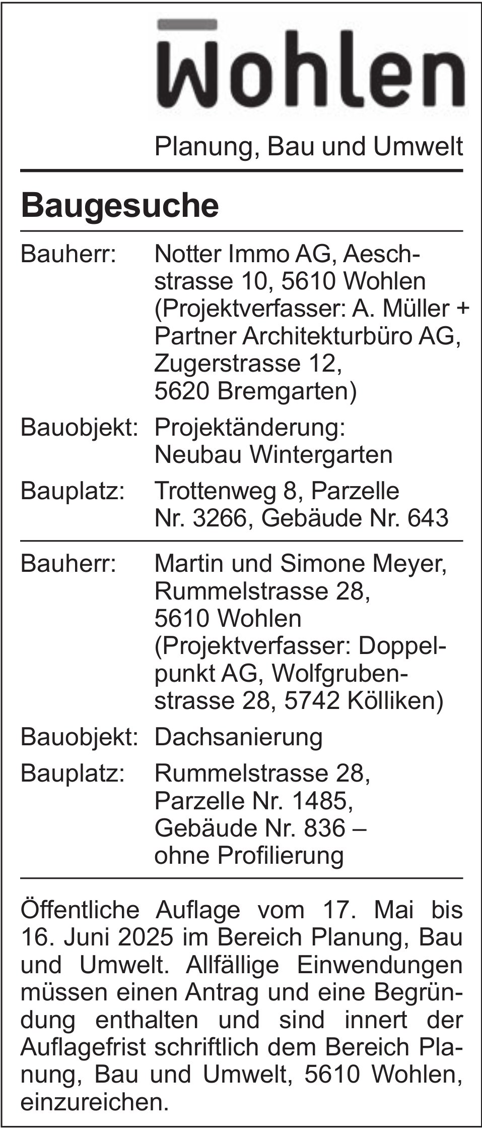 Baugesuche, Wohlen