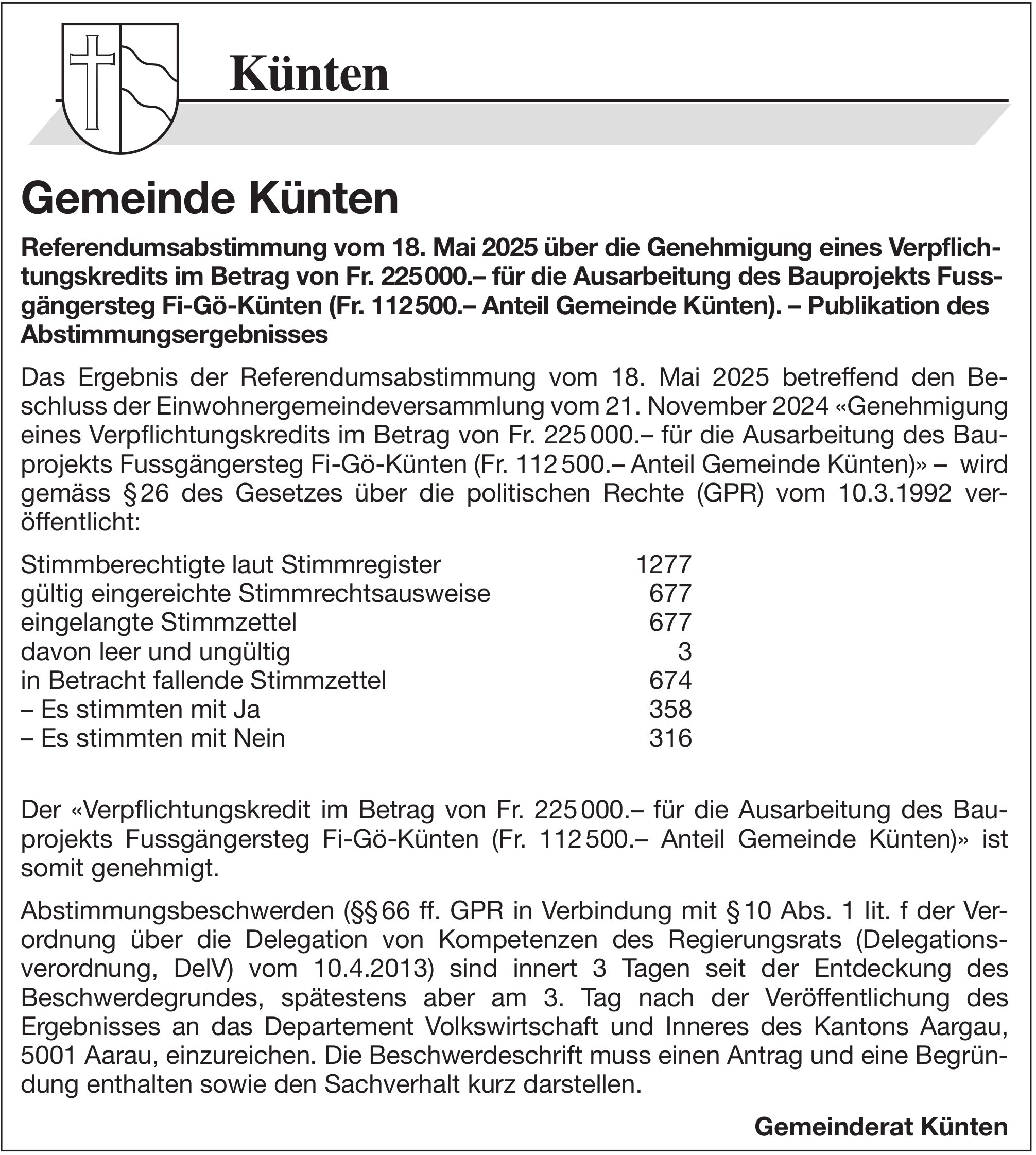 Aarau - Gemeinde Künten, Referendumsabstimmung vom 18. Mai 2025, Genehmigung Verpflichtungskredit