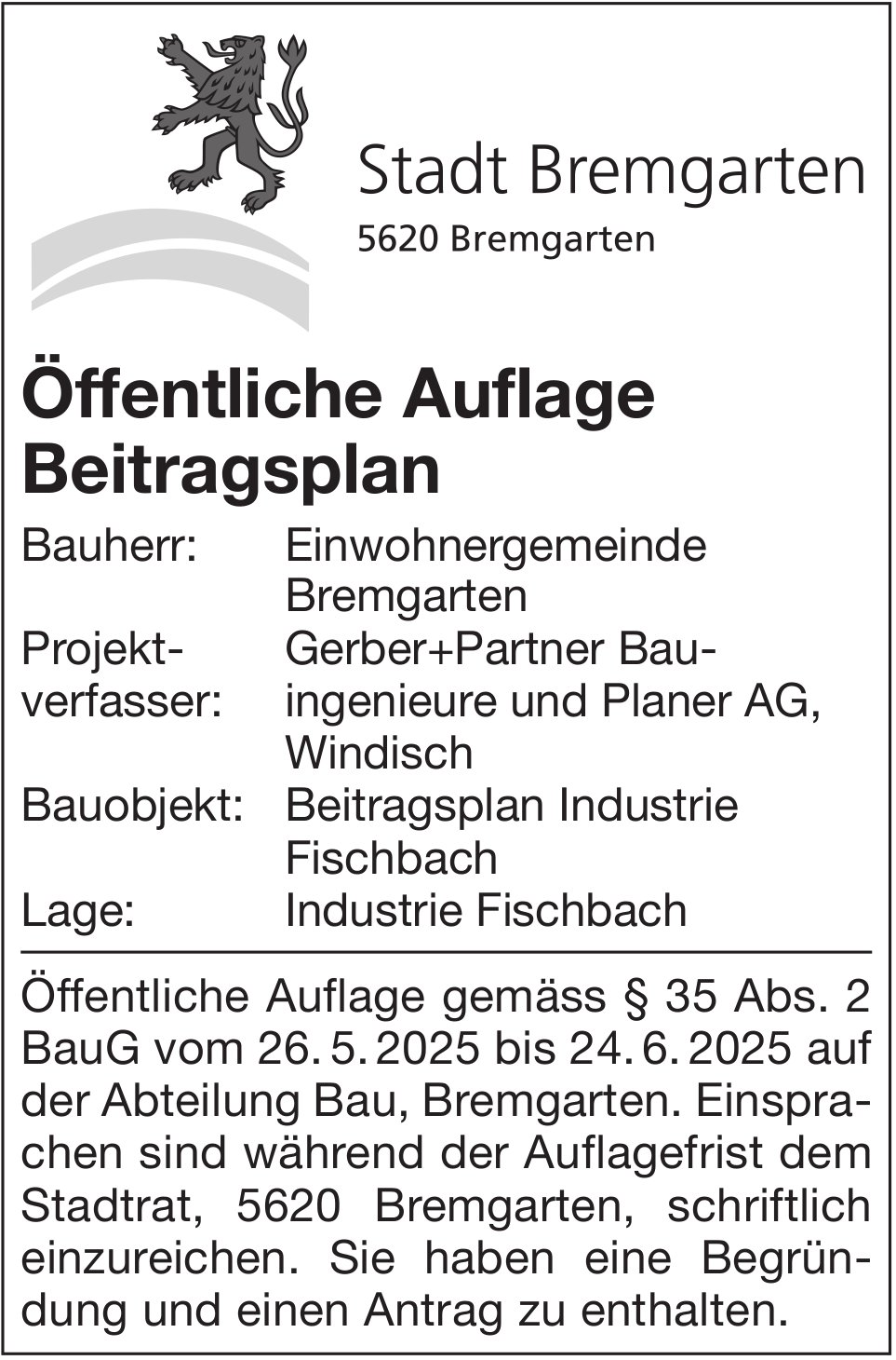 Stadt Bremgarten, Öffentliche Auflage Beitragsplan