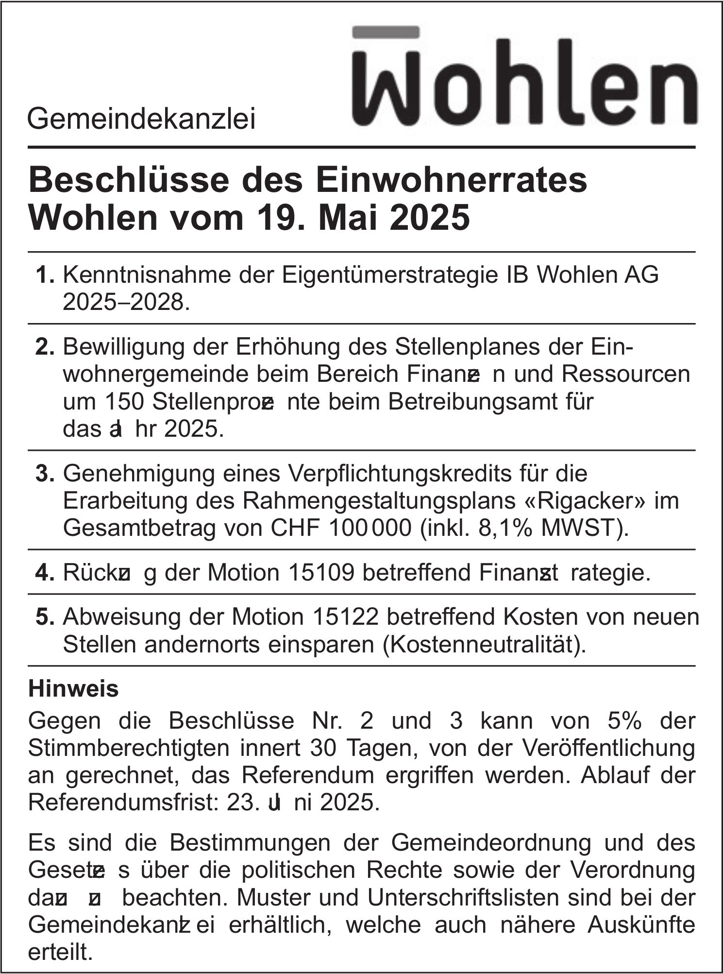 Gemeindekanzlei Wohlen, Beschlüsse des Einwohnerrates Wohlen vom 19. Mai 2025