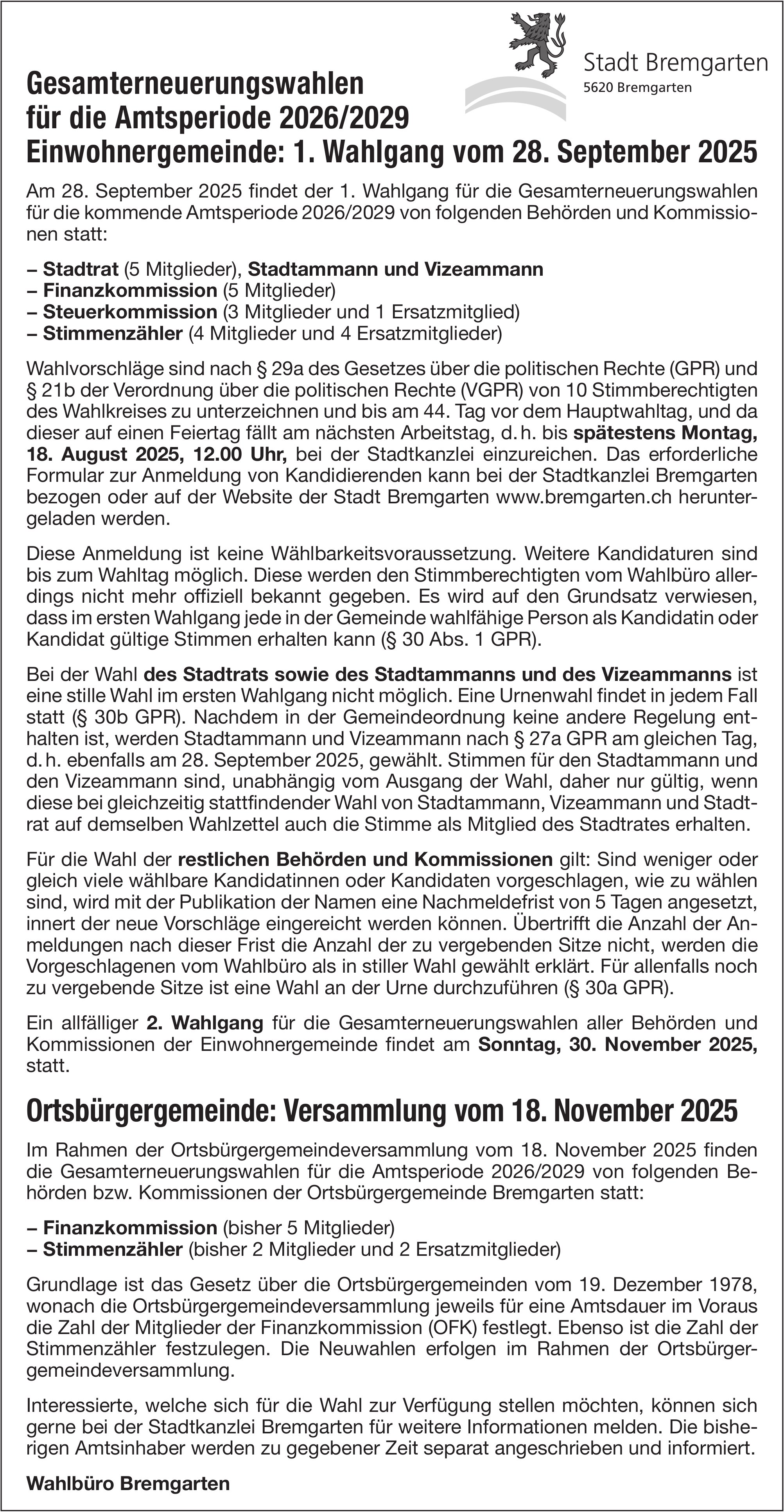 Stadt Bremgarten, Gesamterneuerungswahlen, Amtsperiode 2026/2029