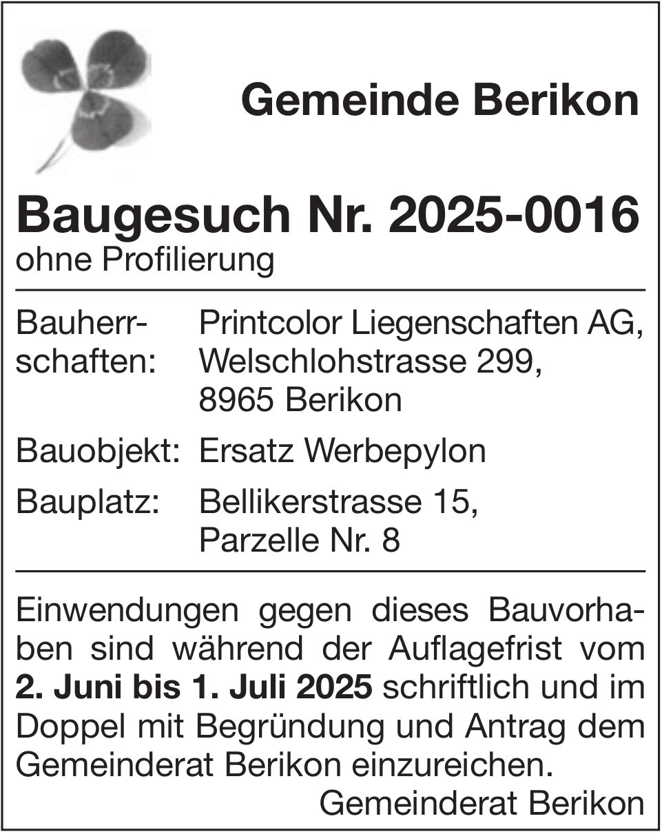 Baugesuche, Gemeinde Berikon, Baugesuch Nr. 2025-0016
