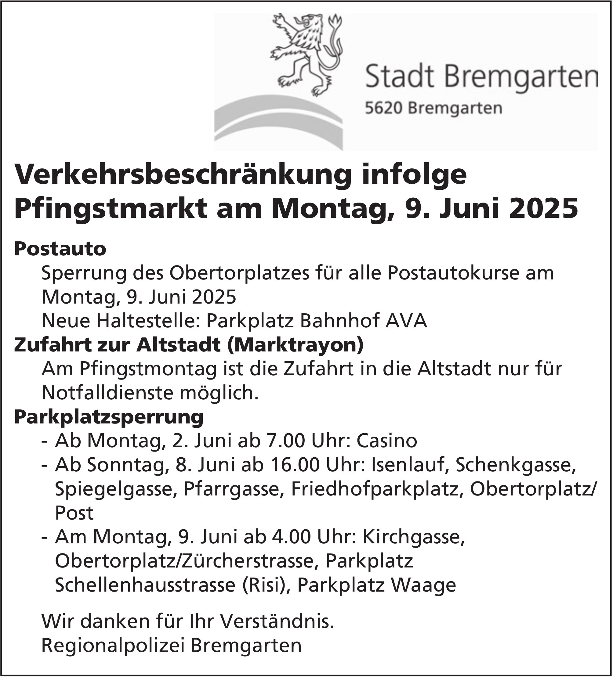 Stadt Bremgarten, Verkehrsbeschränkung infolge Pfingstmarkt, 9. Juni