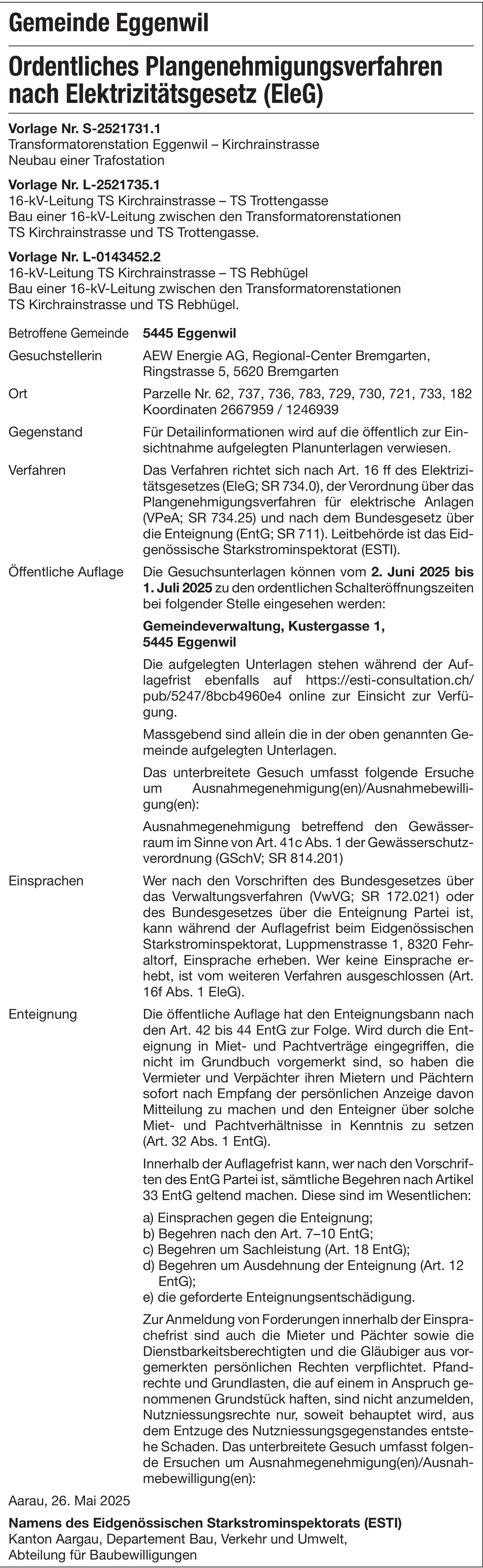 Gemeinde Eggenwil, Ordentliches Plangenehmigungsverfahren nach Elektrizitätsgesetz (EleG)