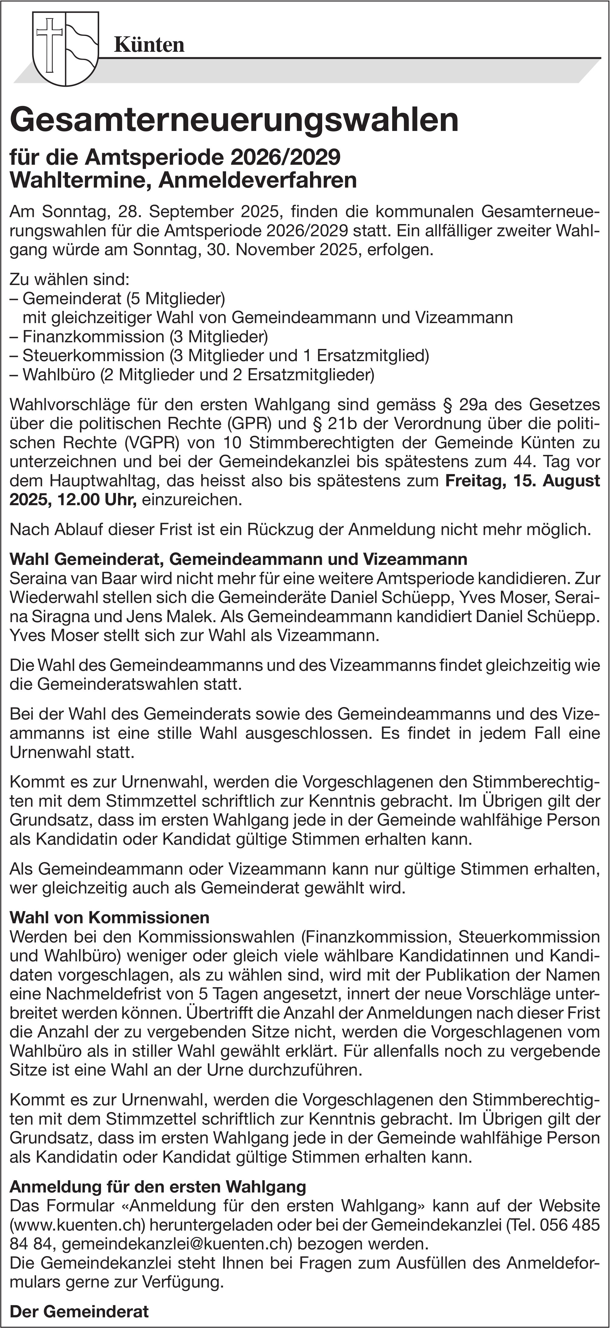 Künten, Gesamterneuerungswahlen