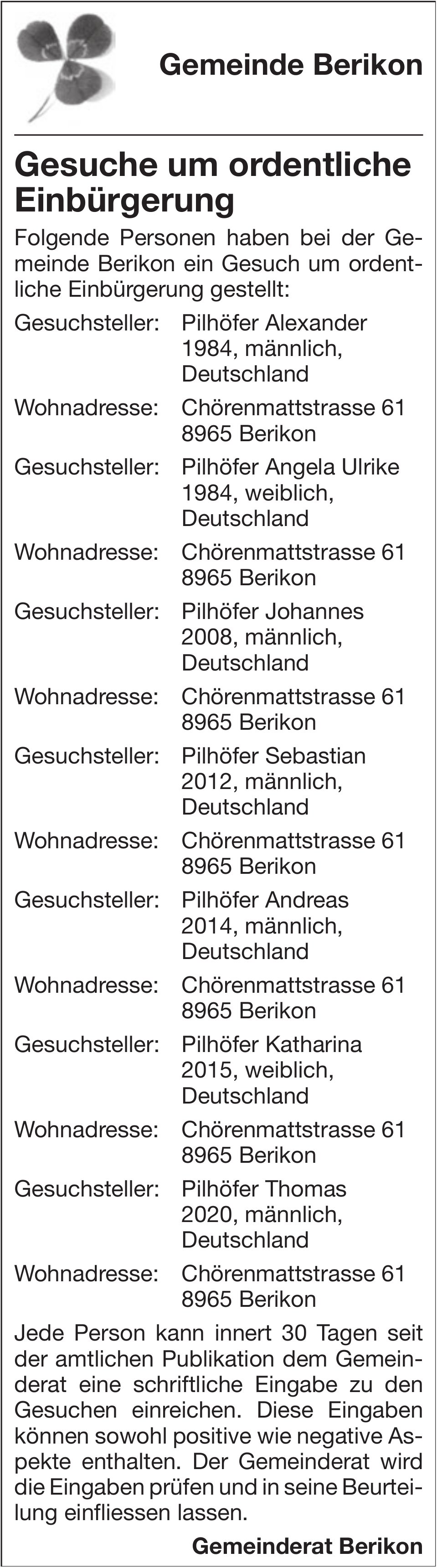Gemeinde Berikon, Gesuche um ordentliche Einbürgerung