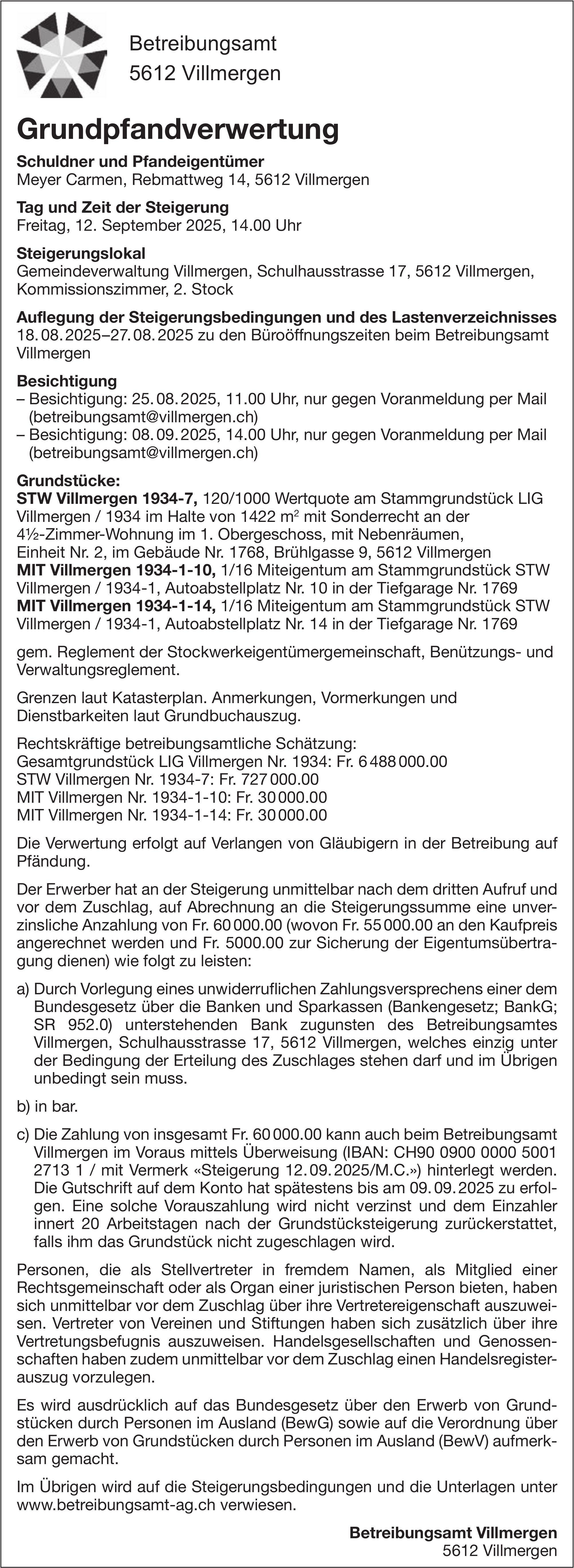 Betreibungsamt Villmergen, Grundpfandverwertung