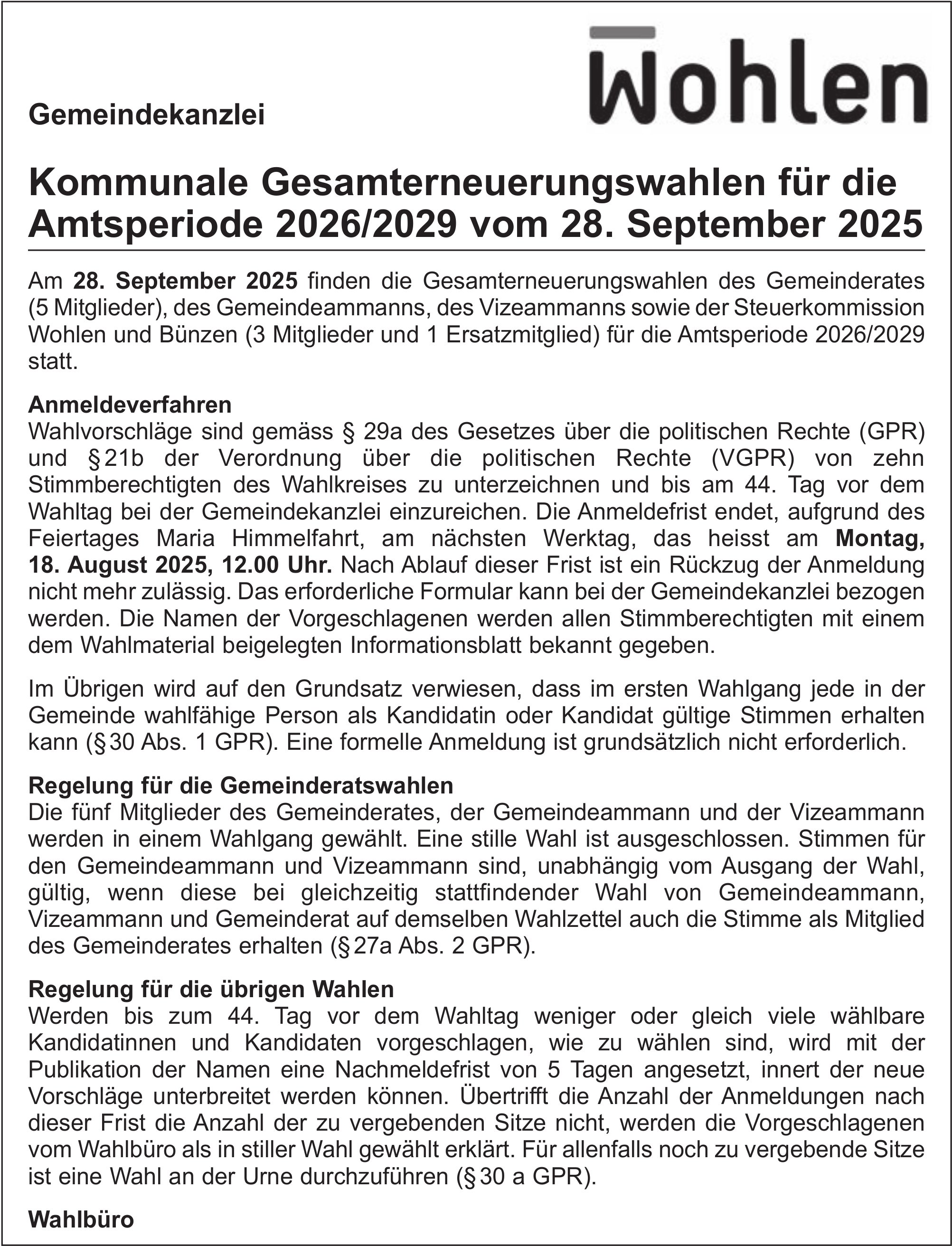 Bünzen - Gemeindekanzlei Wohlen, Kommunale Gesamterneuerungswahlen, Amtsperiode 2026/2029,  28. September 2025