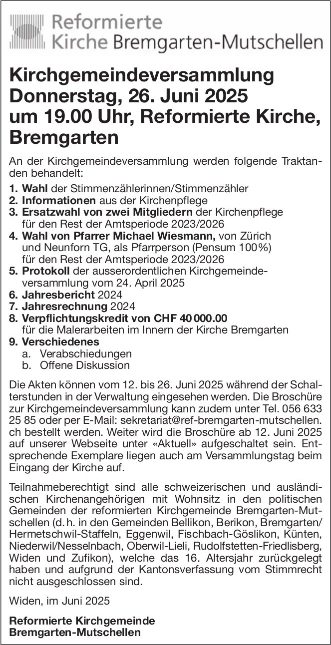 Kirchgemeindeversammlung, 26. Juni, Bellikon