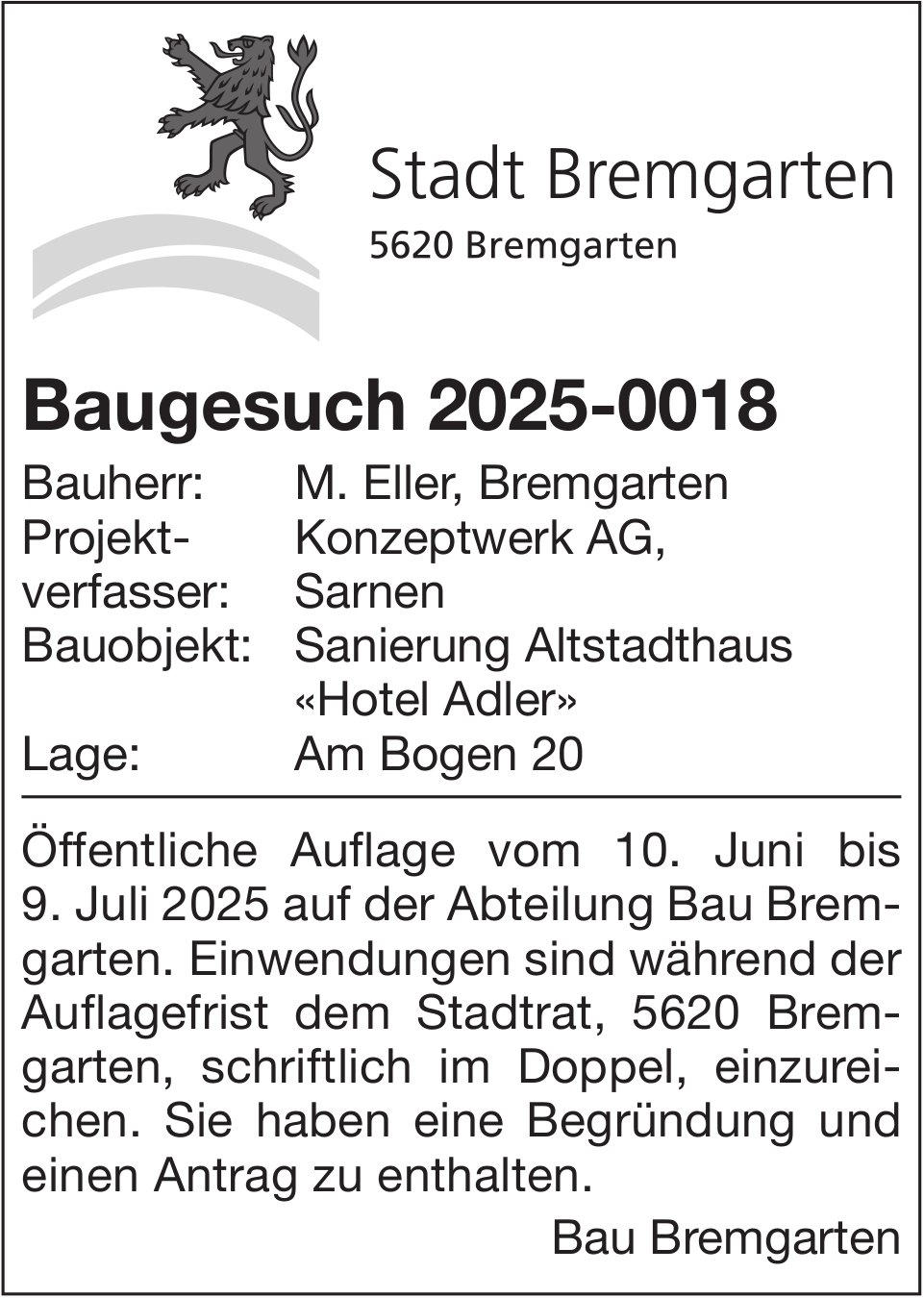 Baugesuche, Stadt Bremgarten, Baugesuch 2025-0018