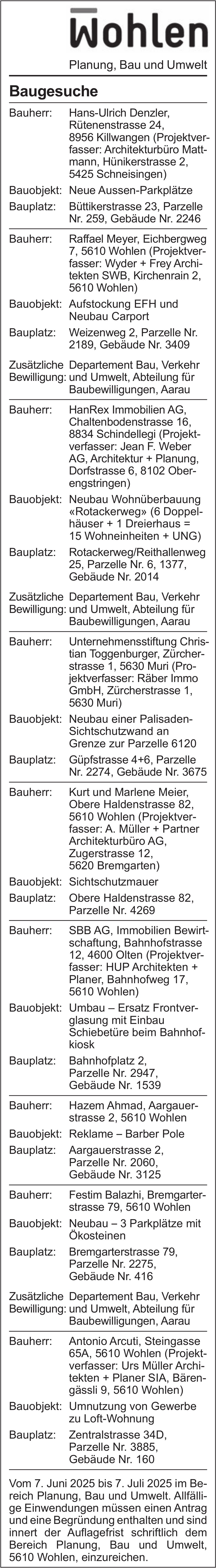 Baugesuche, Wohlen